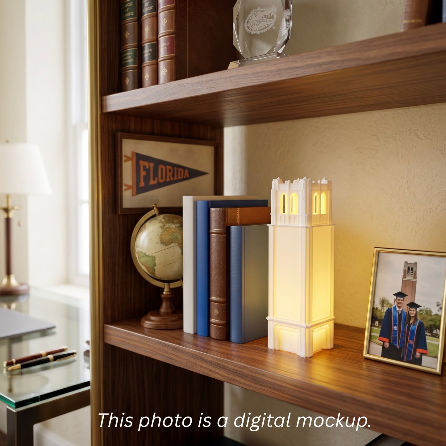 The University of Florida Century tower figurine, shown as office decor on the shelf of a UF alumni.