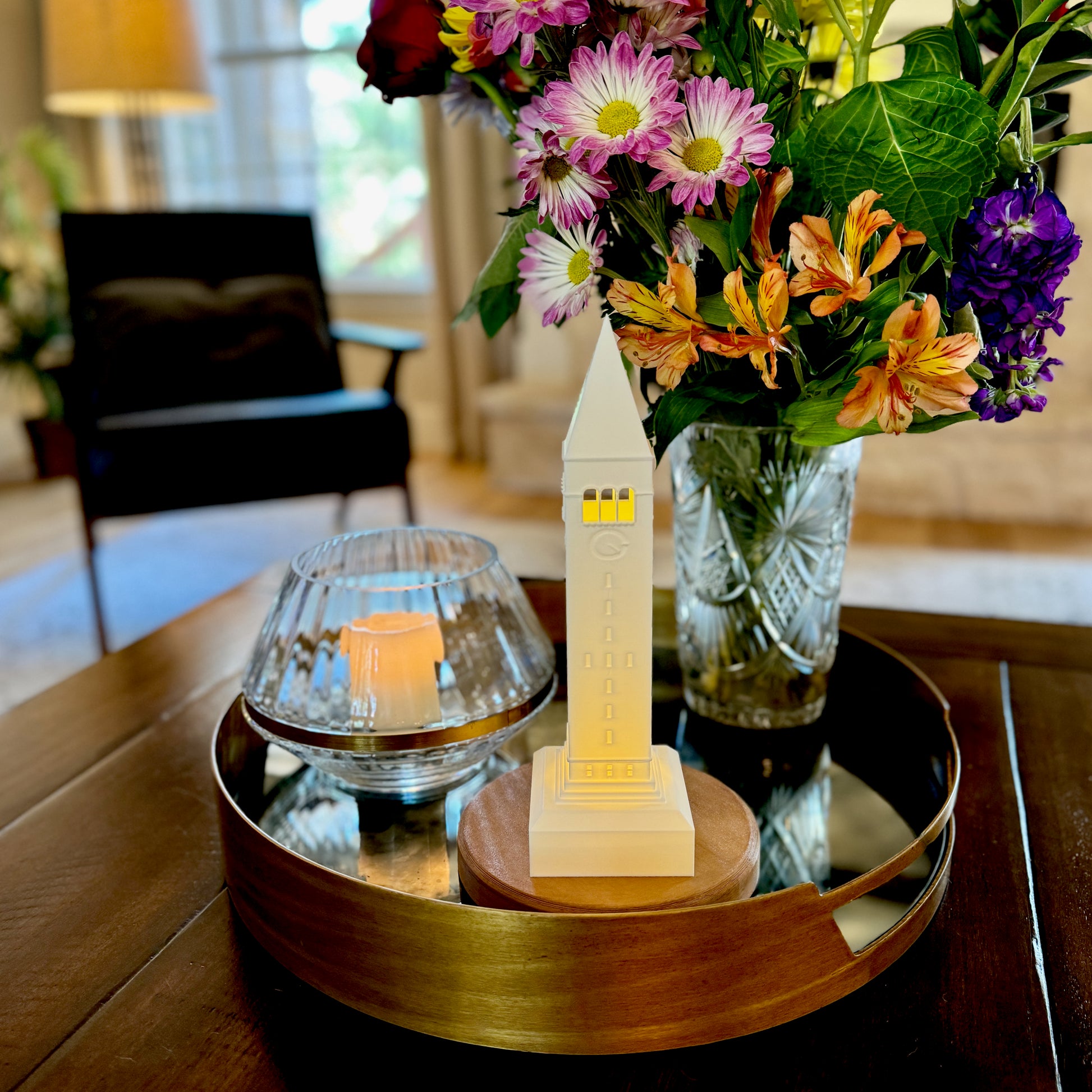 The larger cornell lamp, shown on a living room tray.