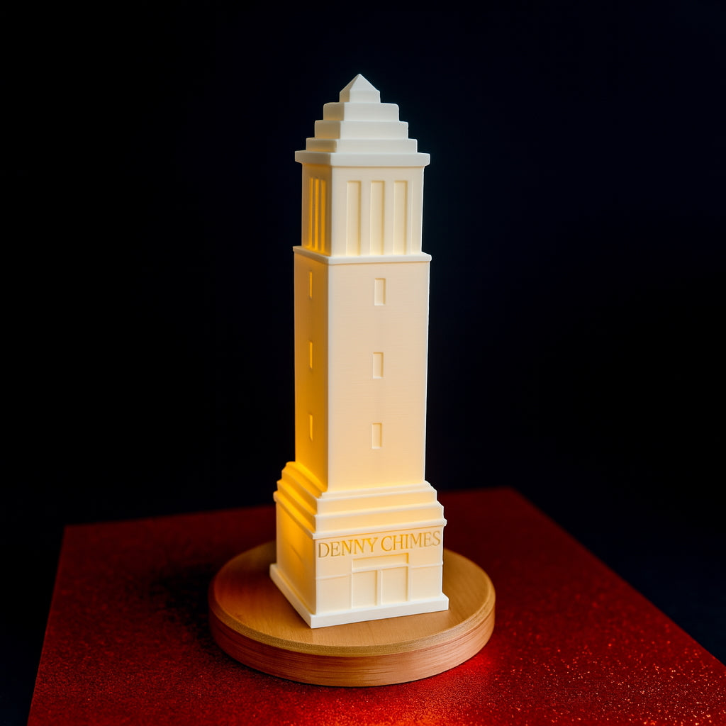 The larger LED light made in the shape of the Denny Chimes Tower..