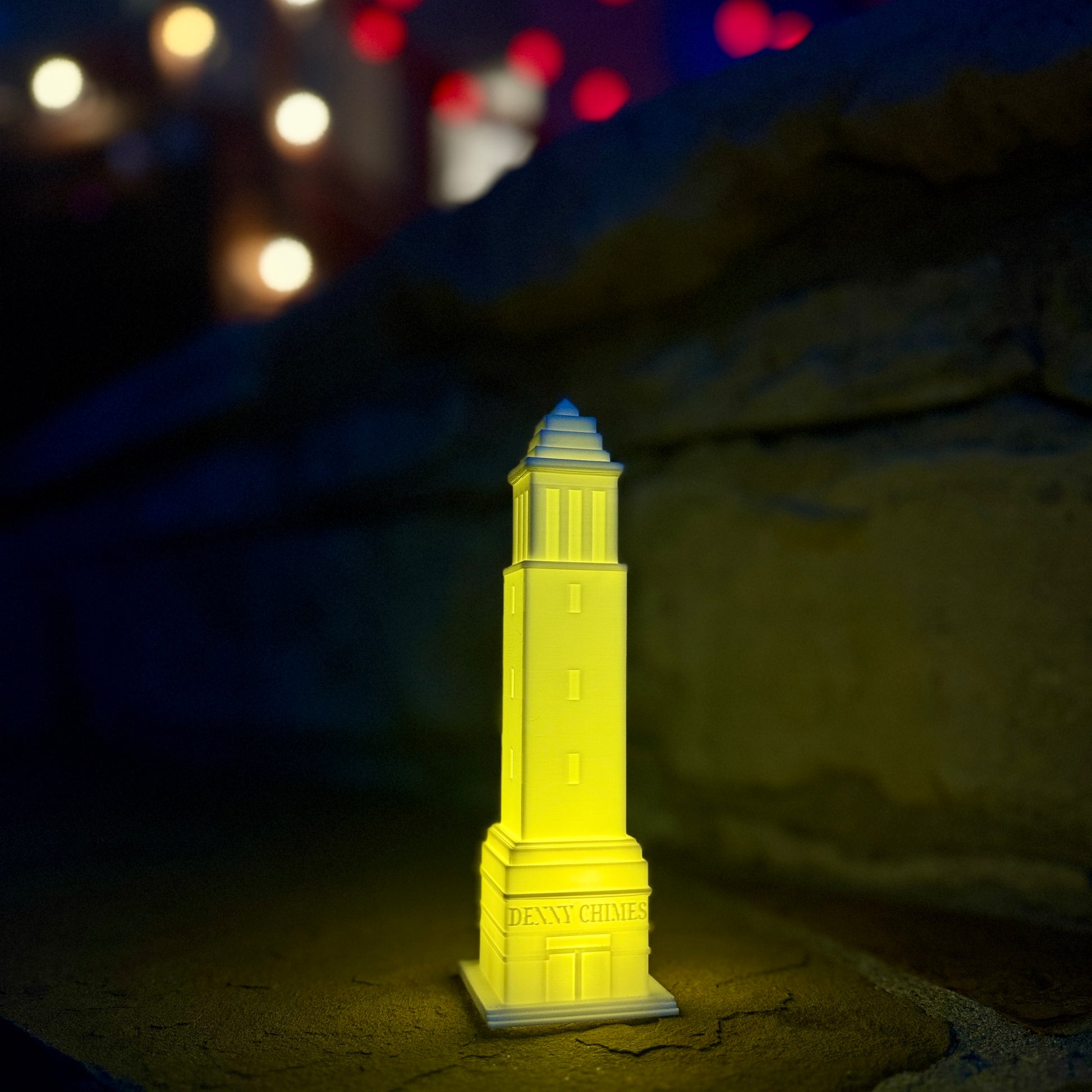 Denny Chimes lighted figurine, shown at a party for University of Alabama fans.