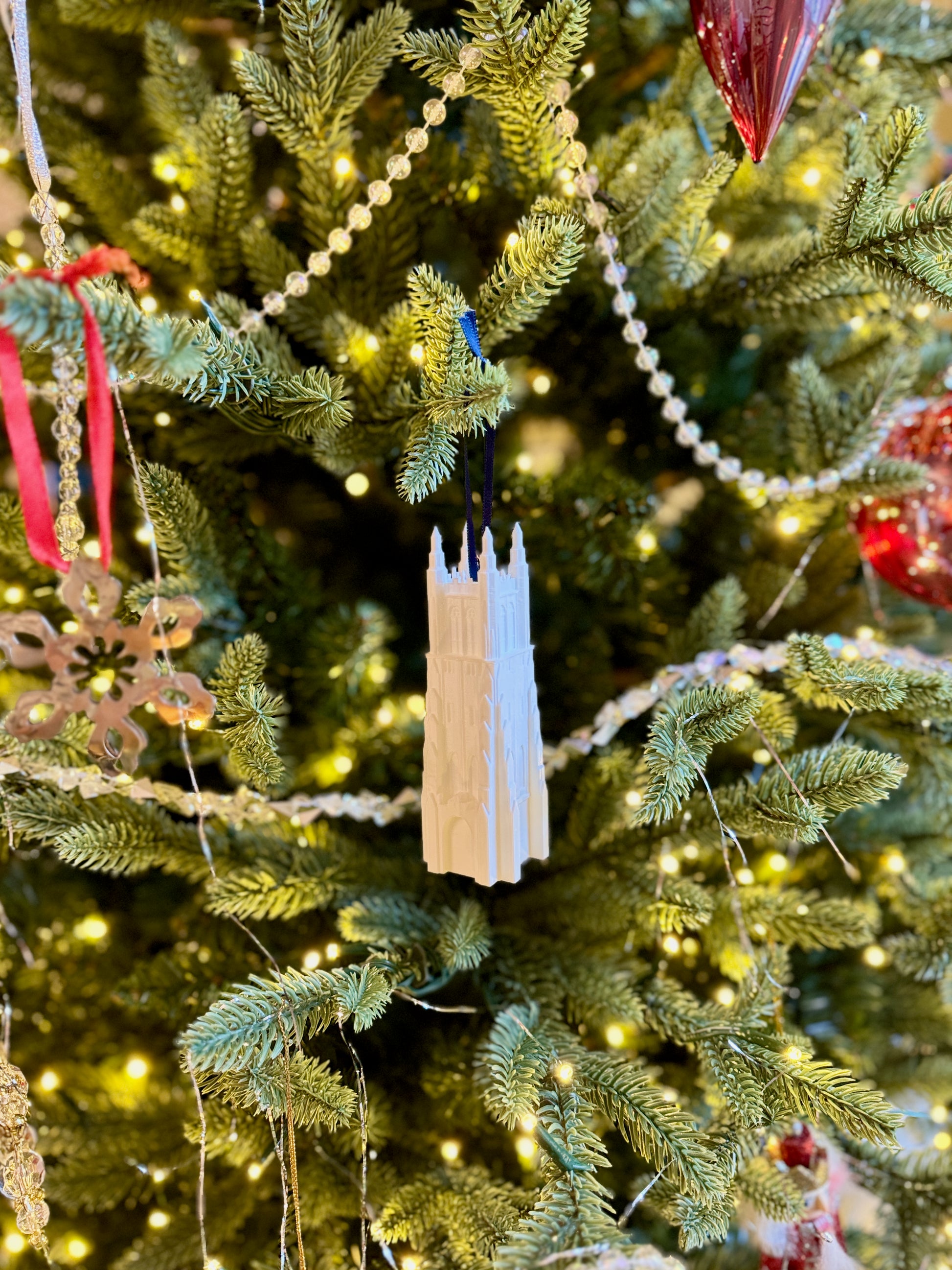 The college ornament Duke University, shown on a Christmas tree.