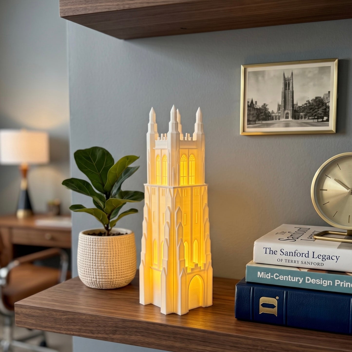 The Duke Chapel LED light, shown being used as office Decor for a Blue Devils alumni.