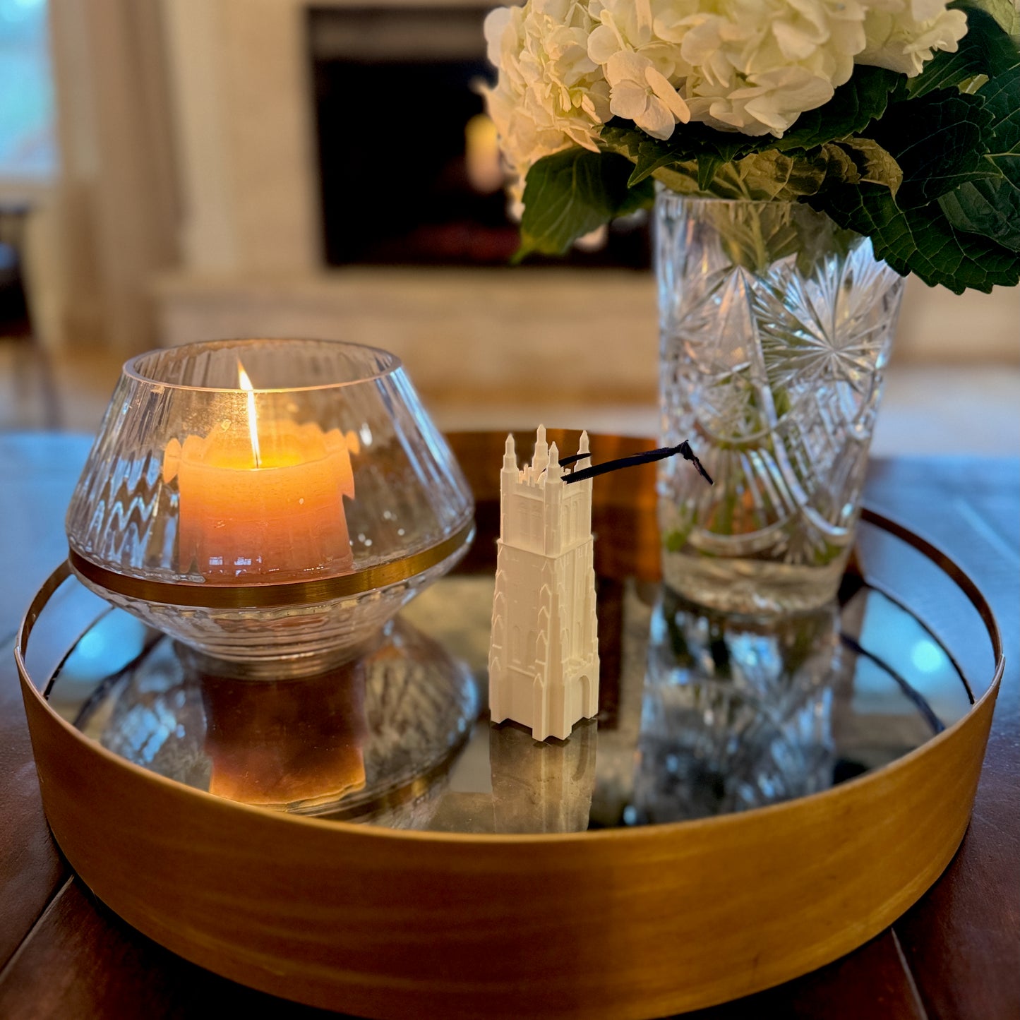 The Duke University ornament, shown on a living room tray.