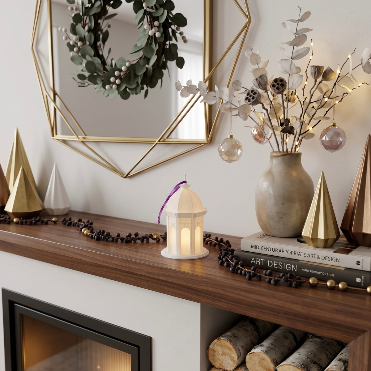 The East Carolina University ornament with an LED light, designed as the ECU Cupola building shown on the mantle of a Pirates fan.