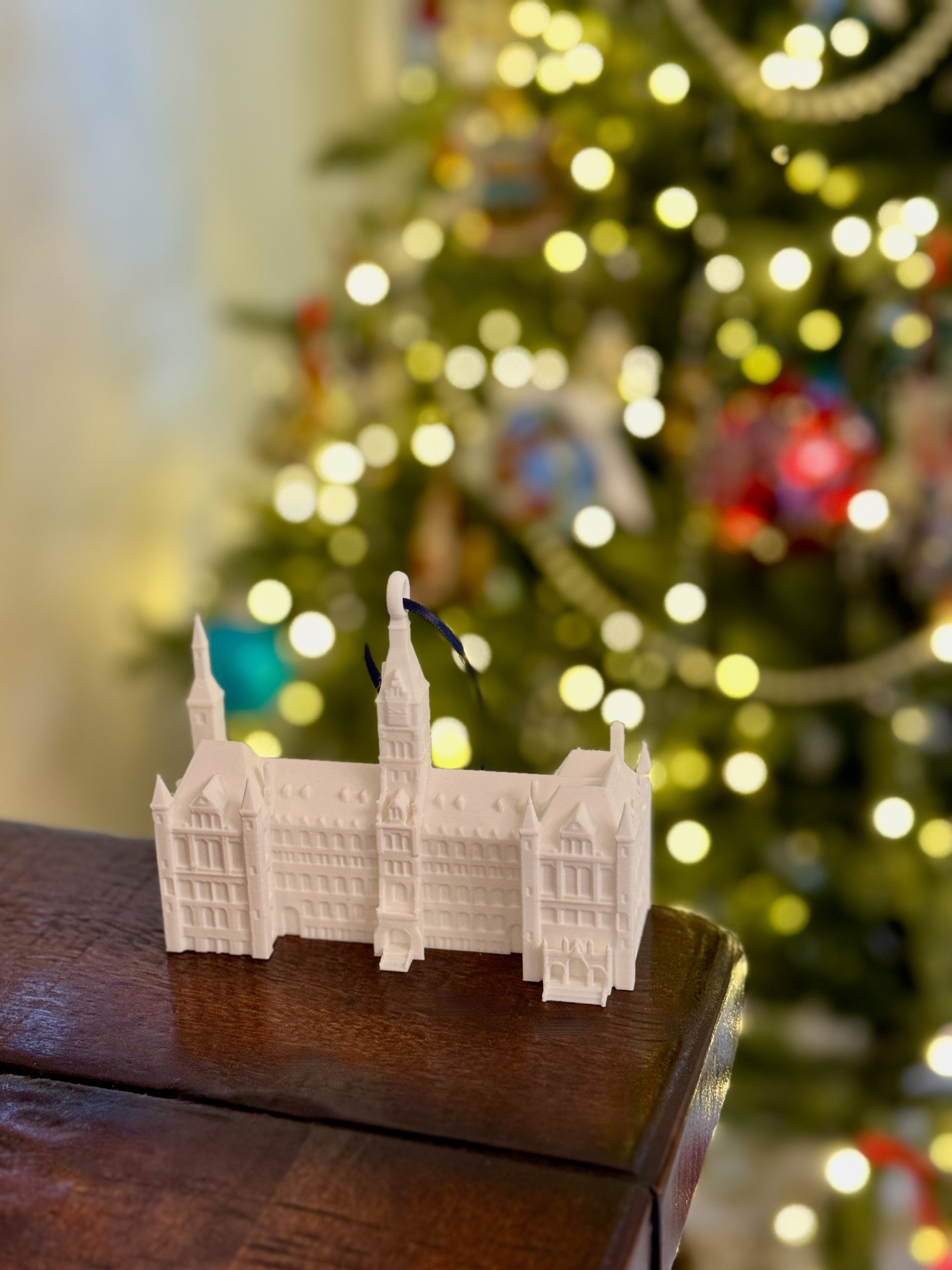 A Georgetown University Christmas decoration shown in a home.