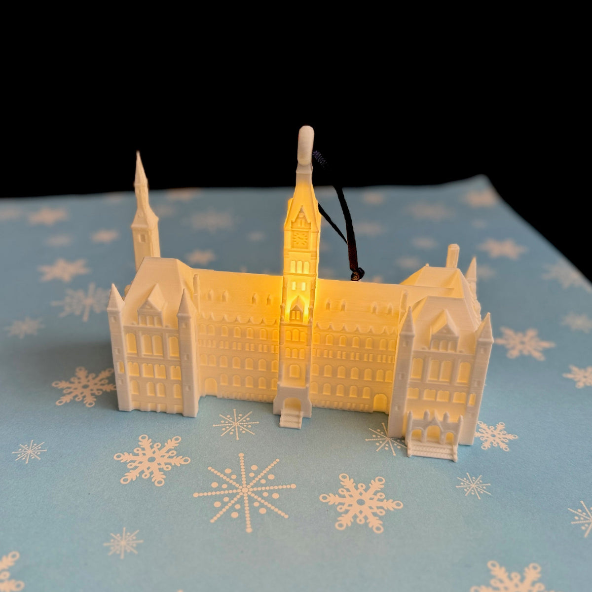 The Georgetown University ornament with an LED light, designed for Hoyas fans in honor of the Healy Hall building.