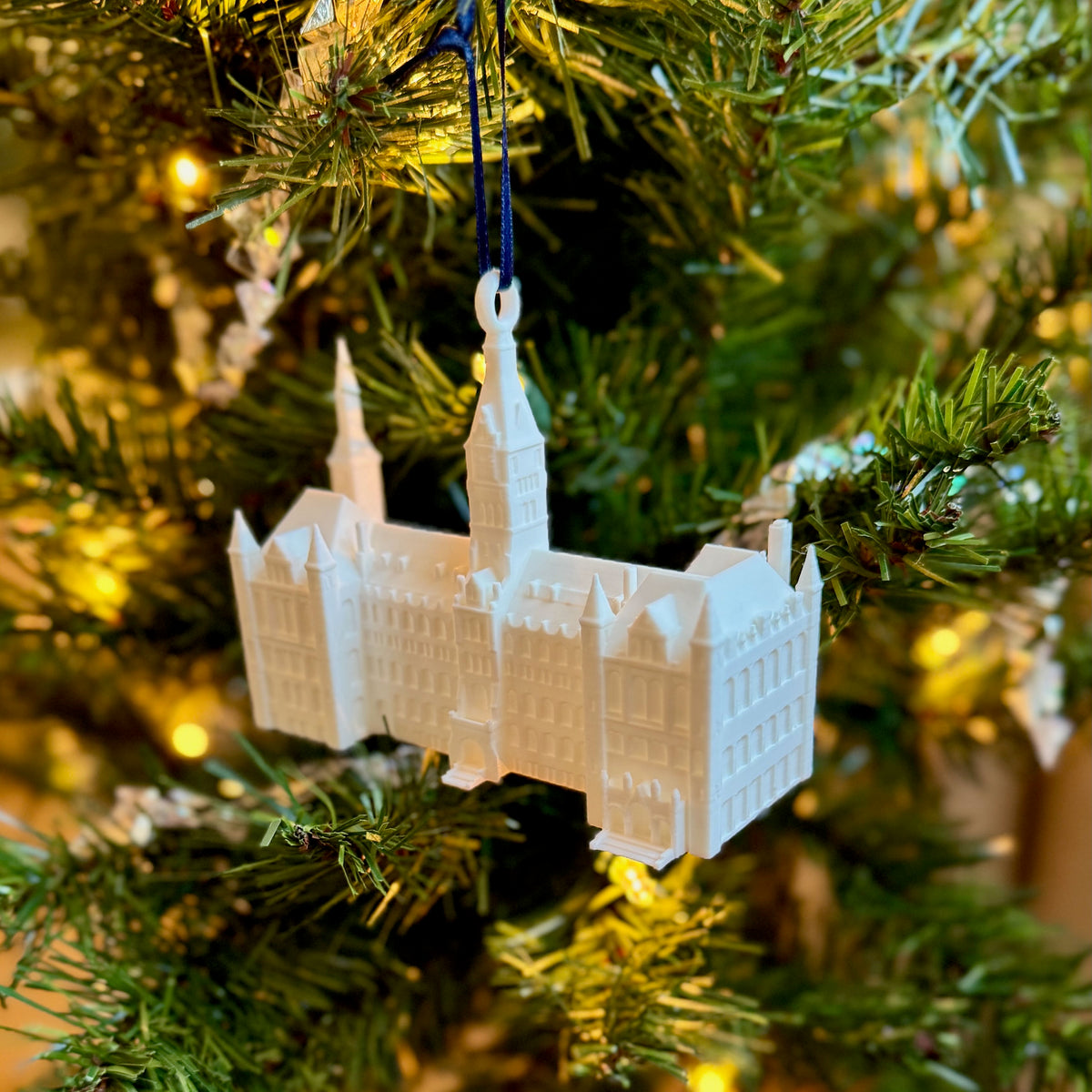 The Georgetown University Healy Hall ornament, shown from a side view.