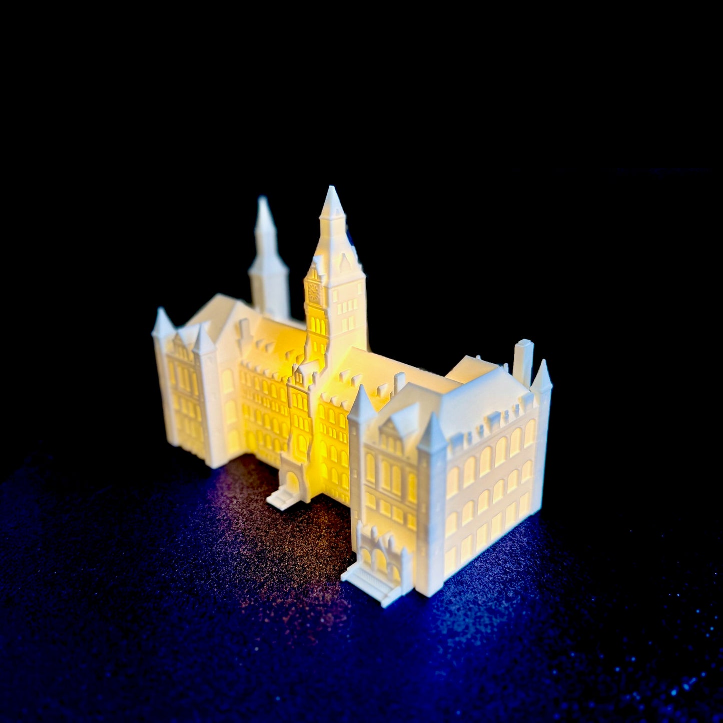 Side view of the lighted Georgetown University Figurine of Healy Hall.