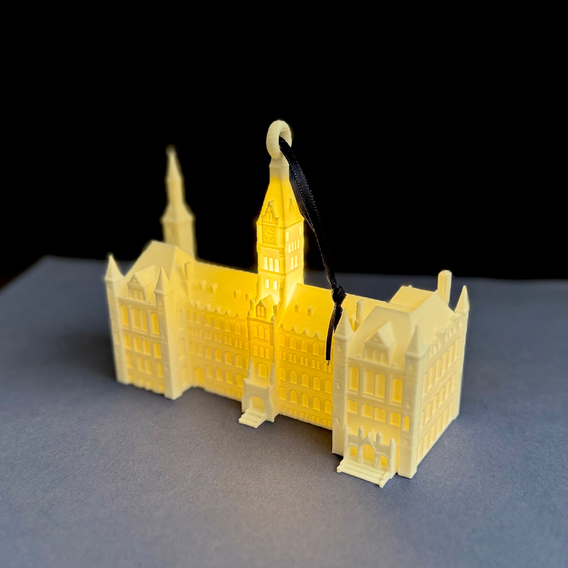 The Healy Hall ornament with an LED light,  designed for Hoyas fans.