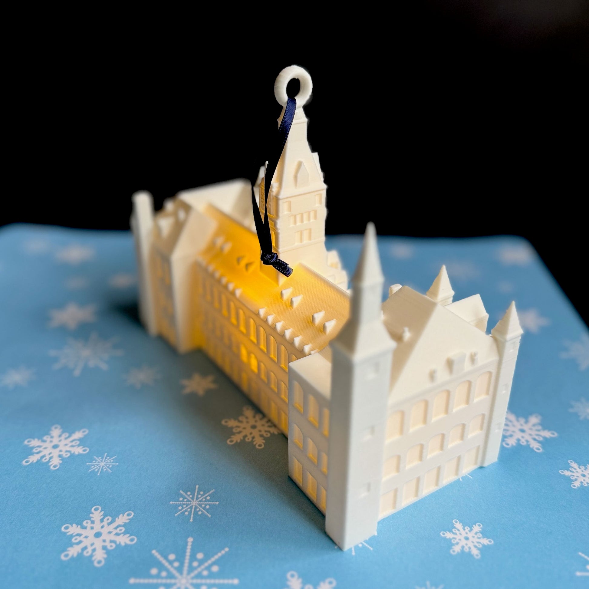 Side view of the Healy Hall ornament for Georgetown students.