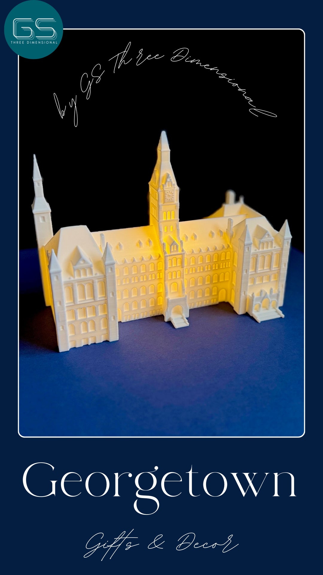Georgetown-themed product packaging with architectural model on a blue background