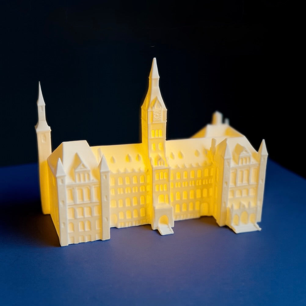The Georgetown University Figurine with a light, representing Healy Hall.