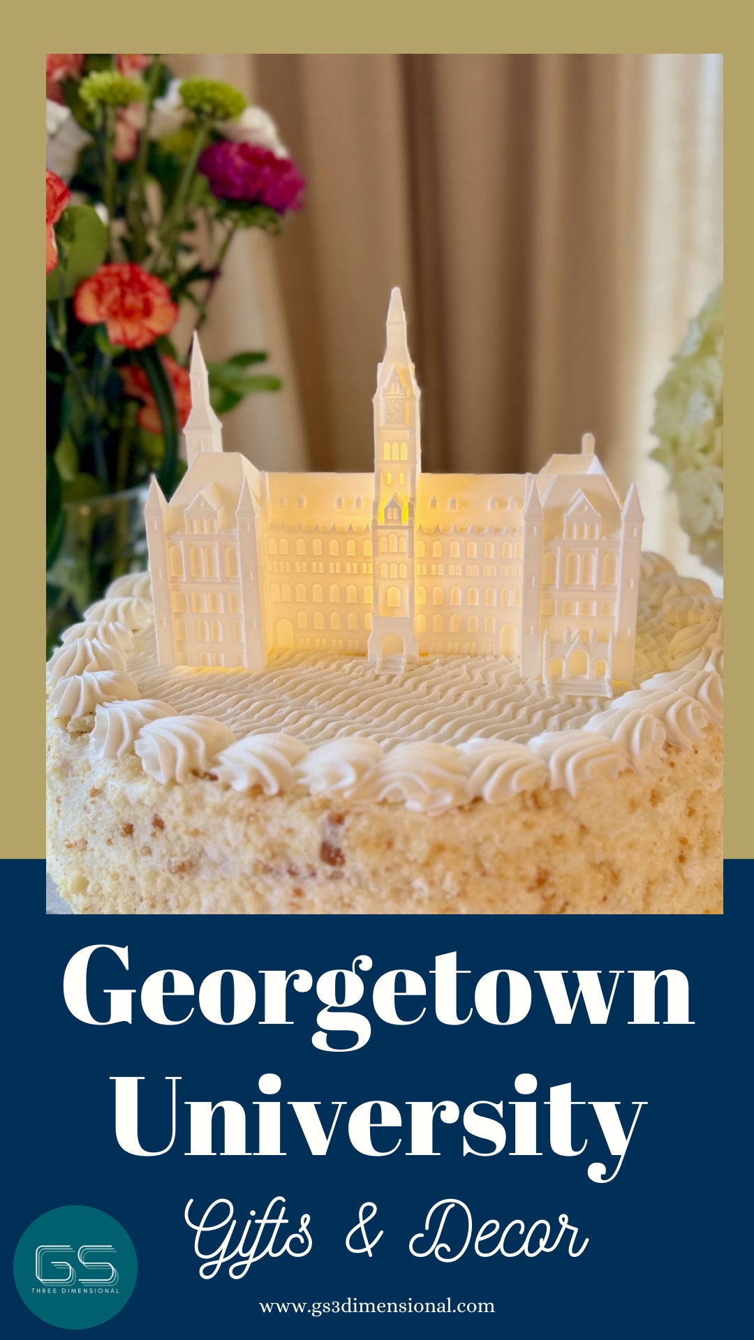 Georgetown University-themed cake with architectural design on a decorative background