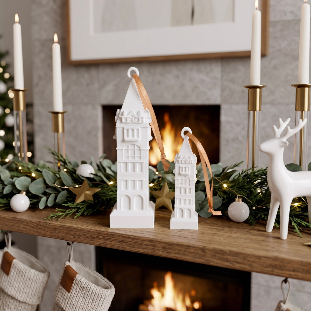The Georgia Tech ornaments shown on a mantle of a home decorated for the holidays.