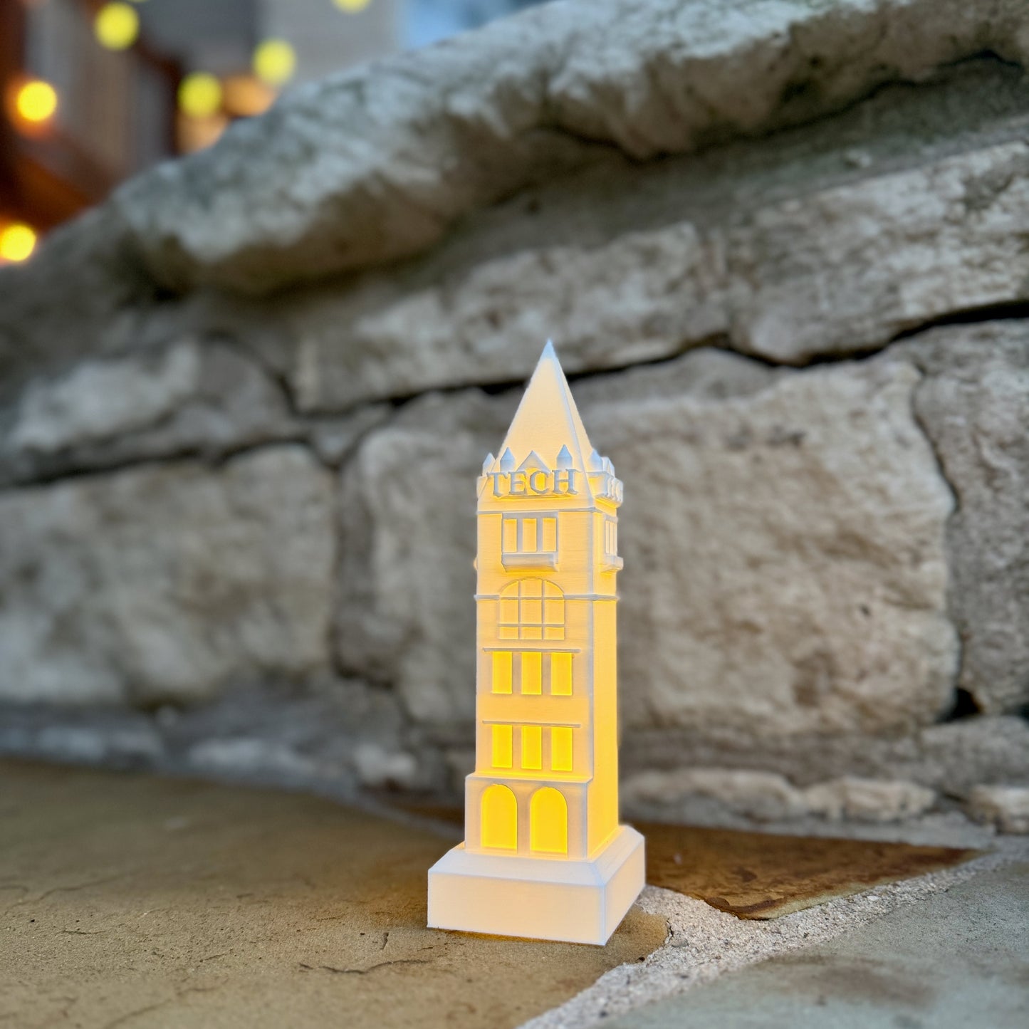 Georgia Tech Figurine featuring the  GT Tower with an LED light and shown in detail.