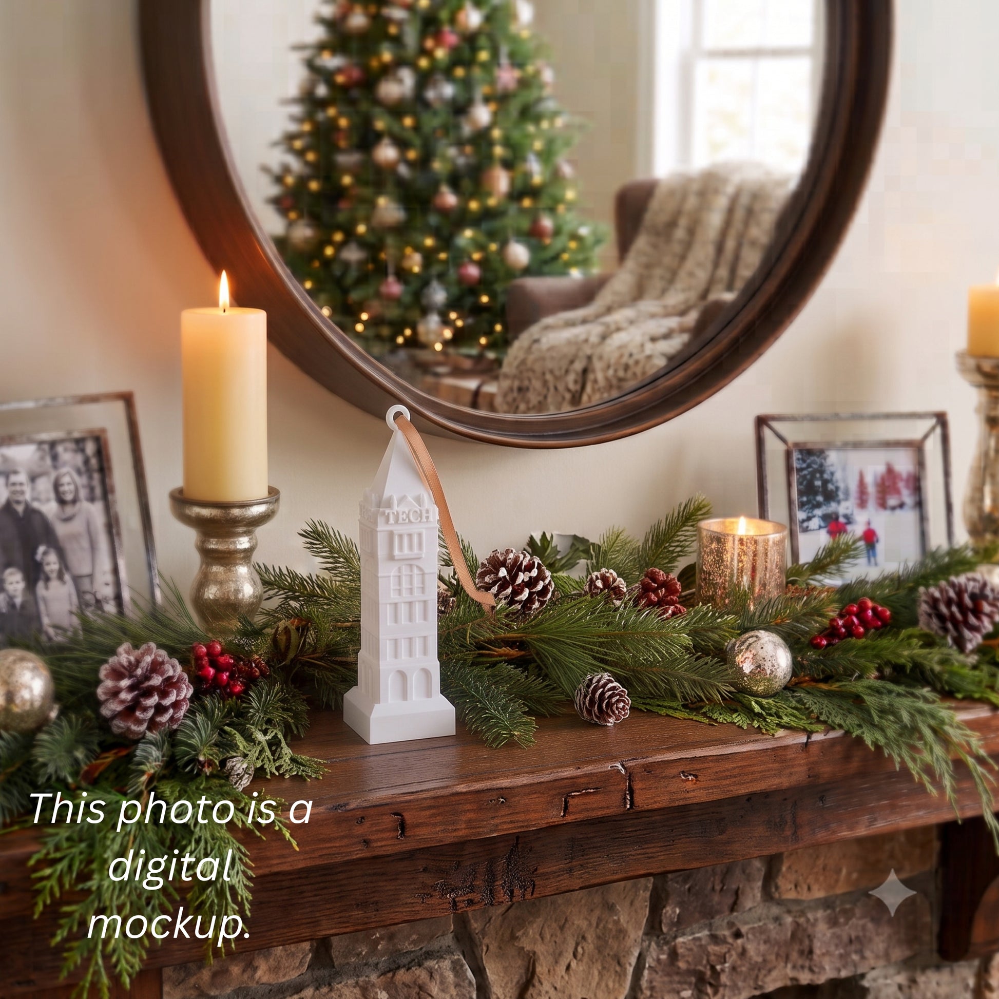 The Georgia Tech Tower ornament shown in a home decorated for the holidays.
