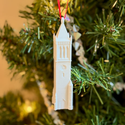 Officially licensed 3D printed Iowa State University Campanile ornament on a Christmas tree.