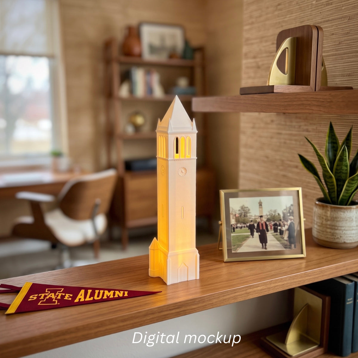 The Iowa State Campanile figurine, shown on a shelf in an office of an ISU Cyclones fan.