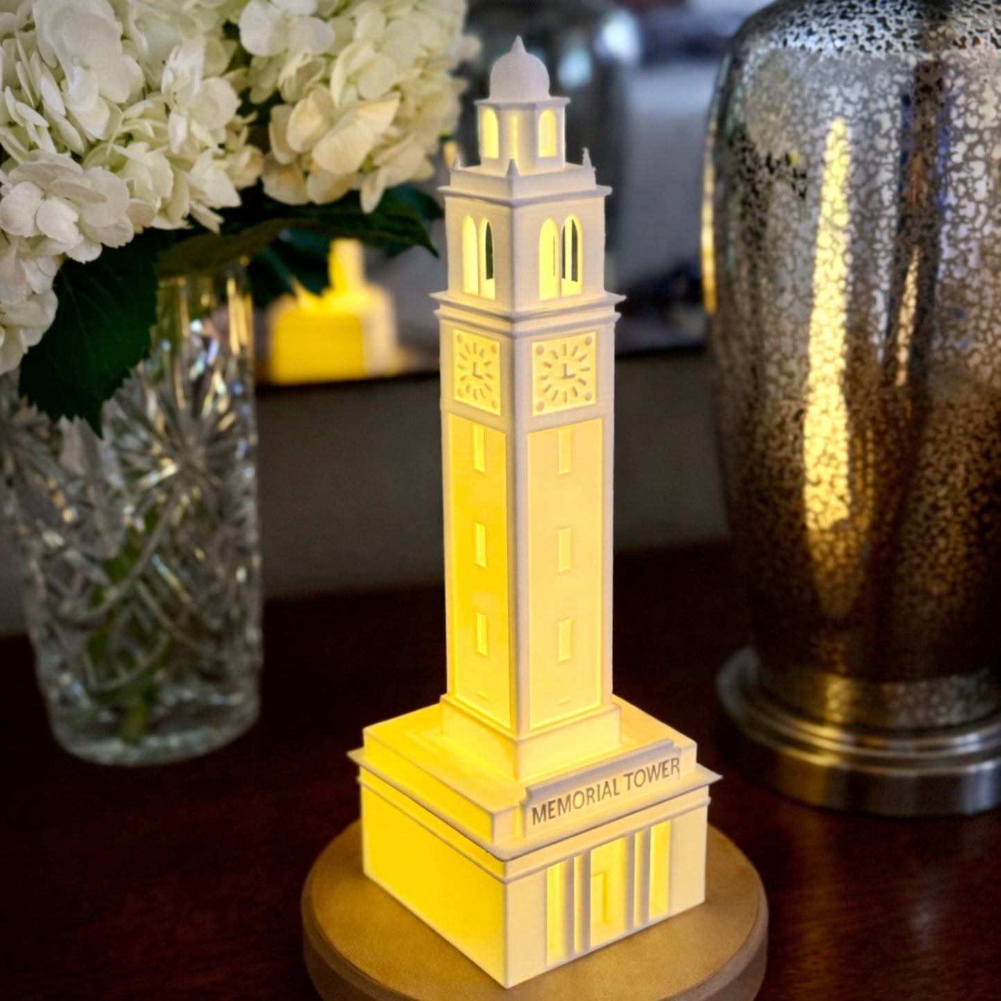 The Memorial Tower LSU light, shown on a side table.