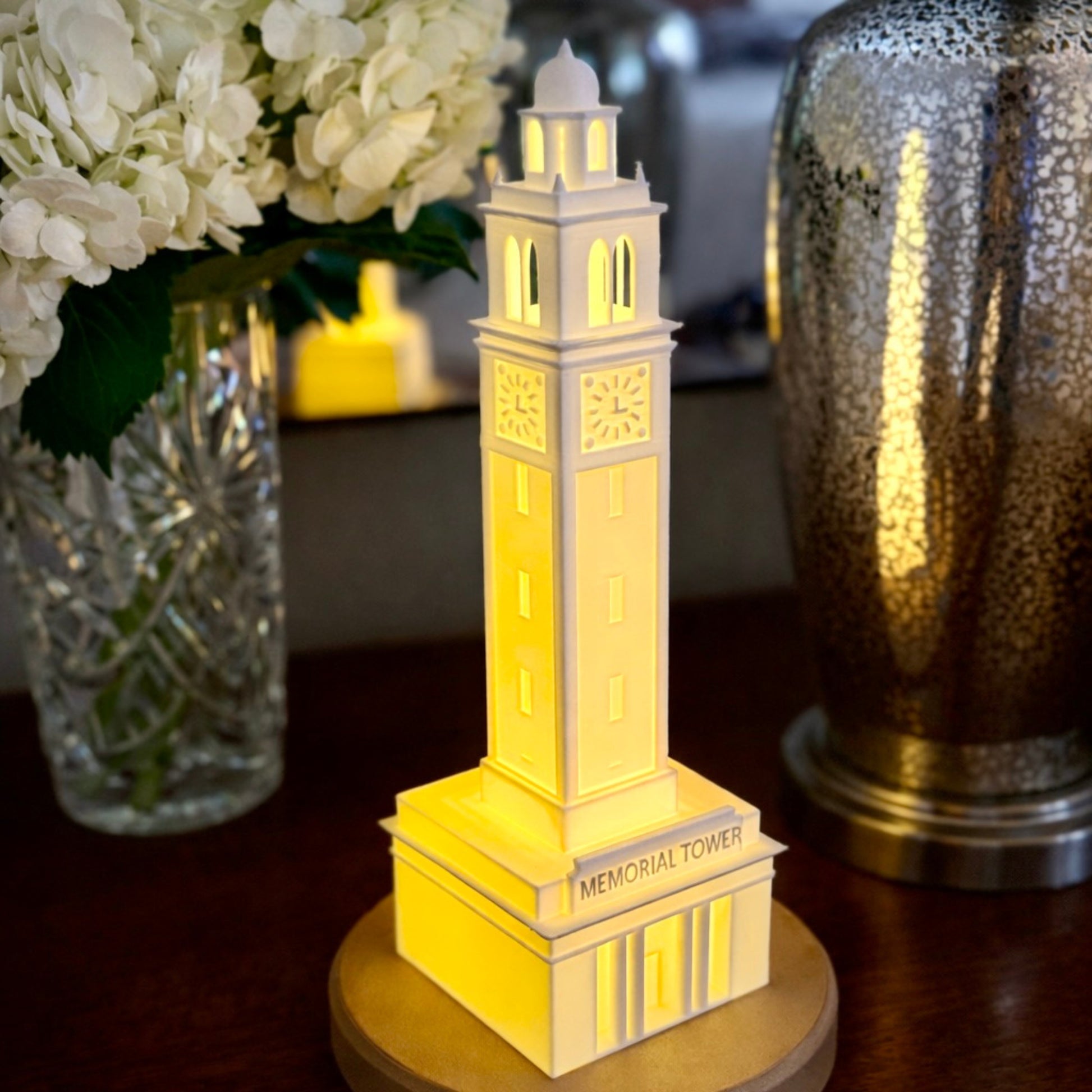 The Memorial Tower LSU light, shown on a side table.
