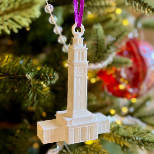 The LSU Memorial Tower ornament, shown on a tree of a Tigers fan,