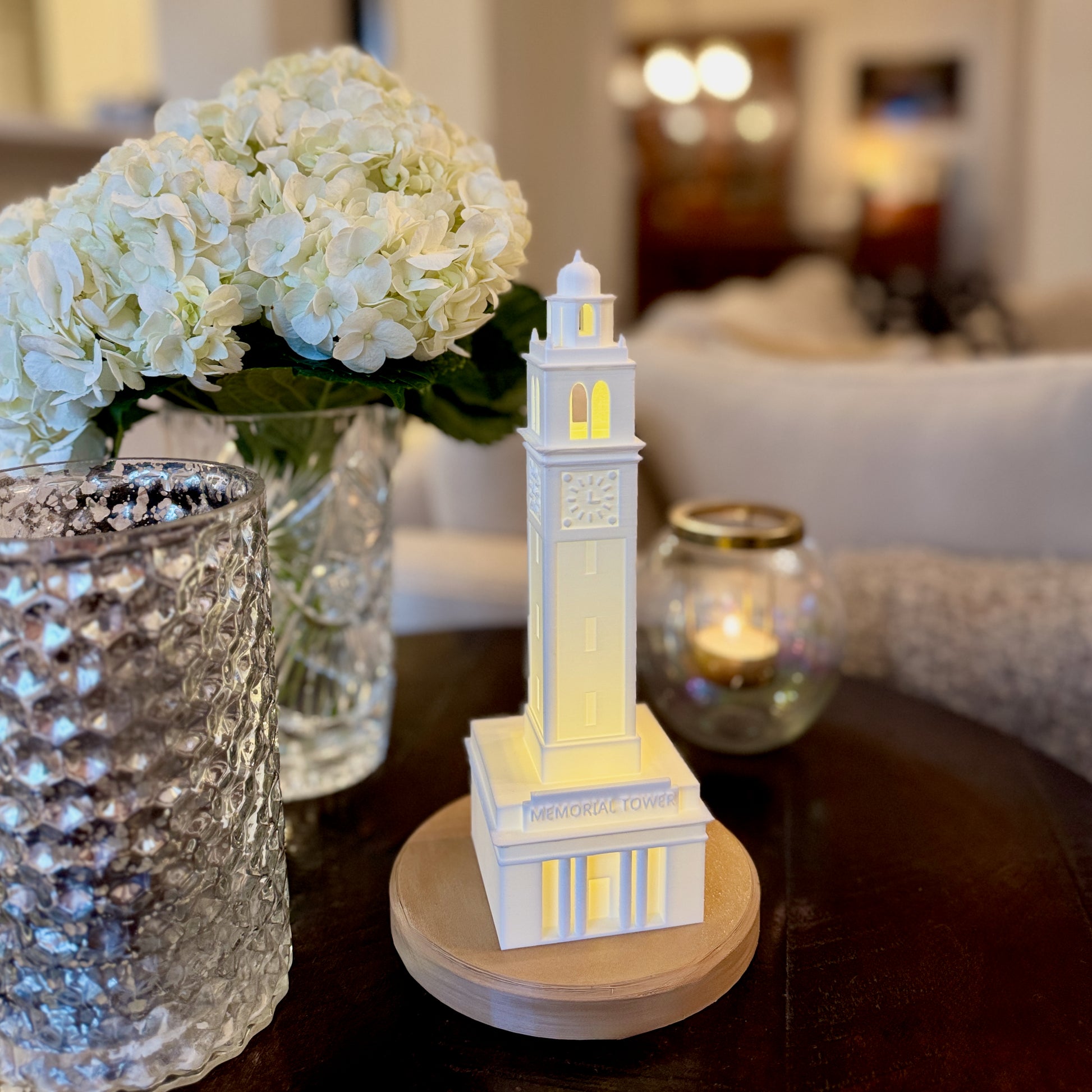 The LSU dorm decoration, shown on a side table.