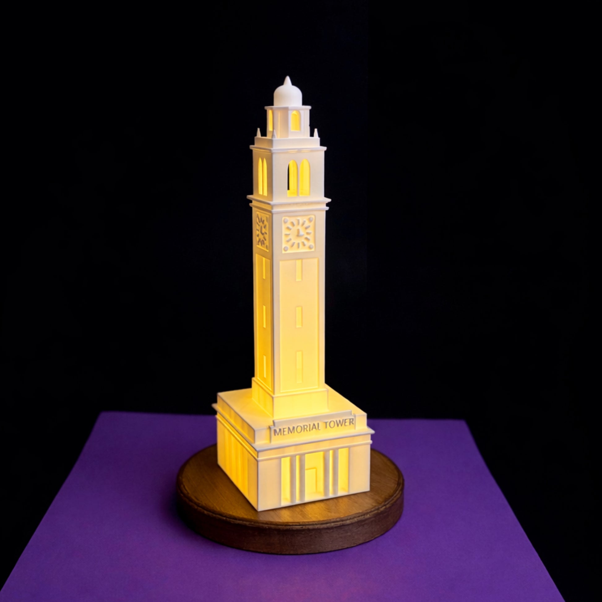 LSU graduation gift, a light designed as the Memorial Tower building on campus.