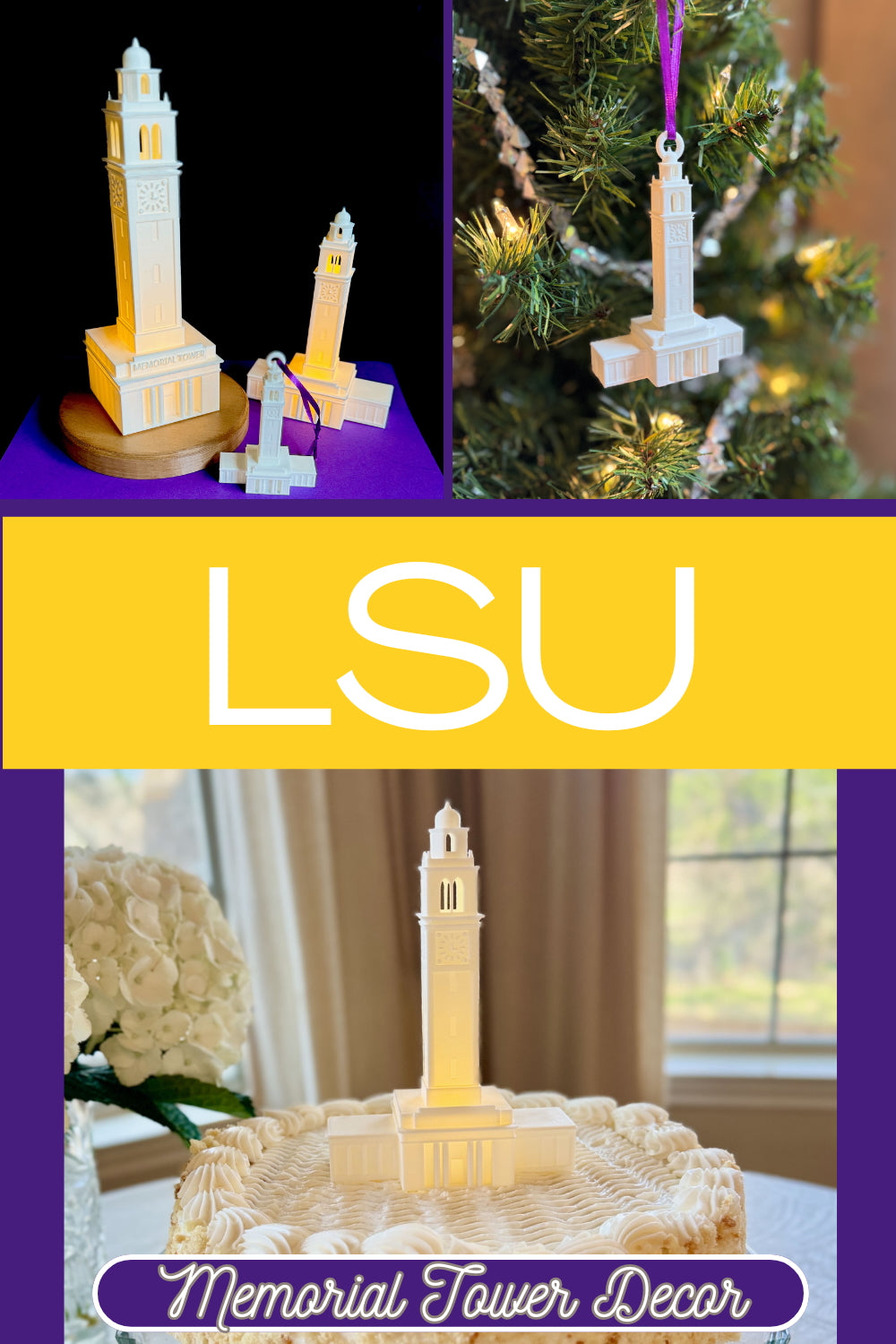 LSU Memorial Tower decor items including a Christmas tree ornament and a decorative piece on a table.