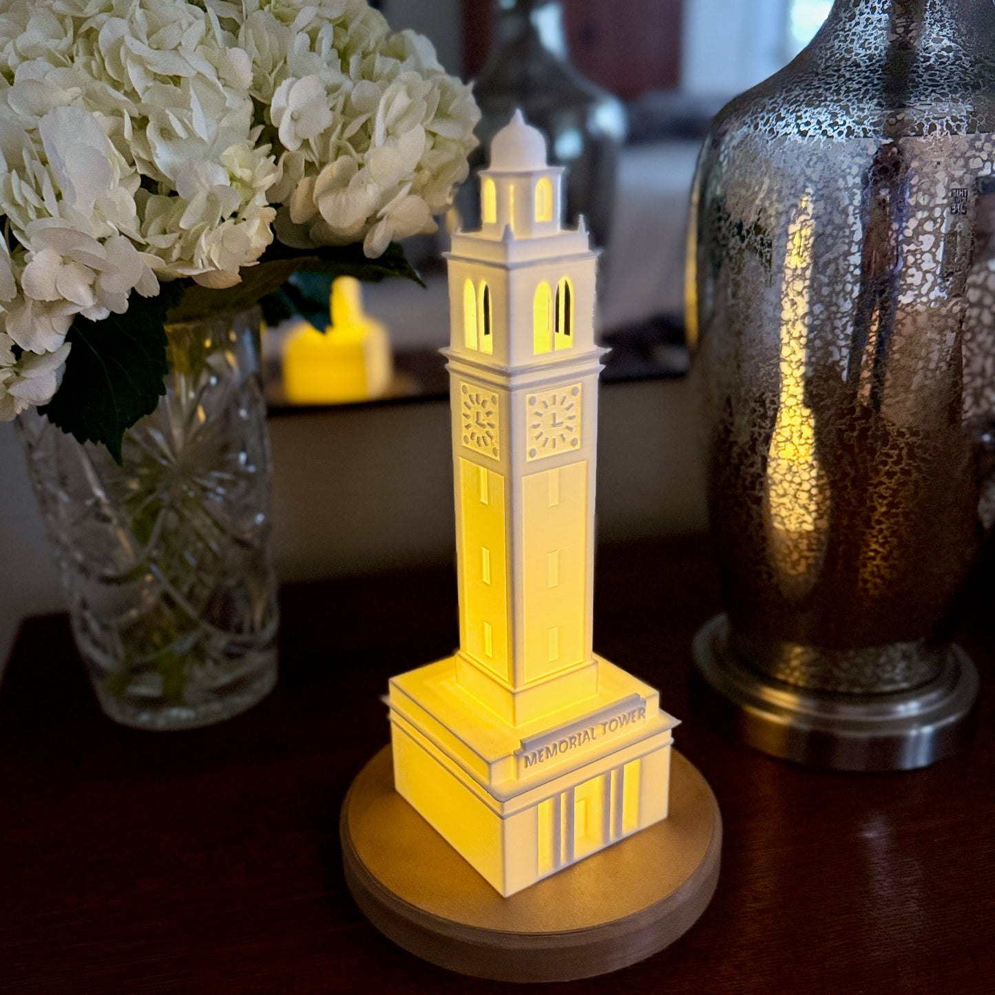 The LSU dorm decoration, shown on a bedroom side table.