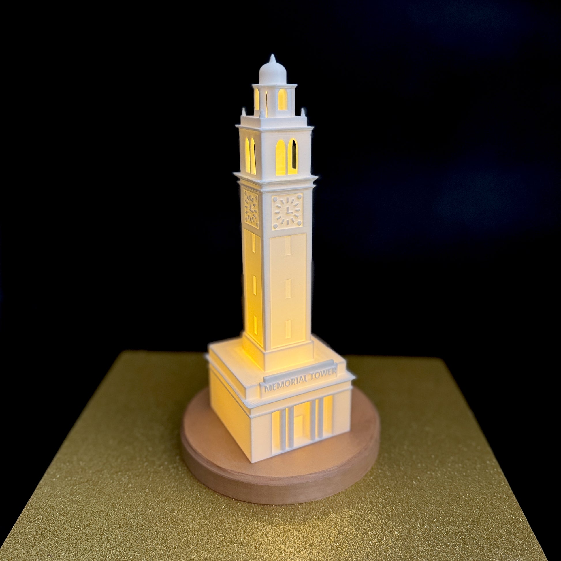 Side view of the LSU lamp, used as a dorm decor item.