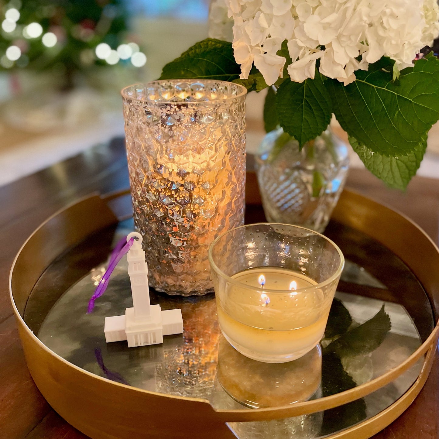 The lsu ornament, shown in a home decorated for Christmas.