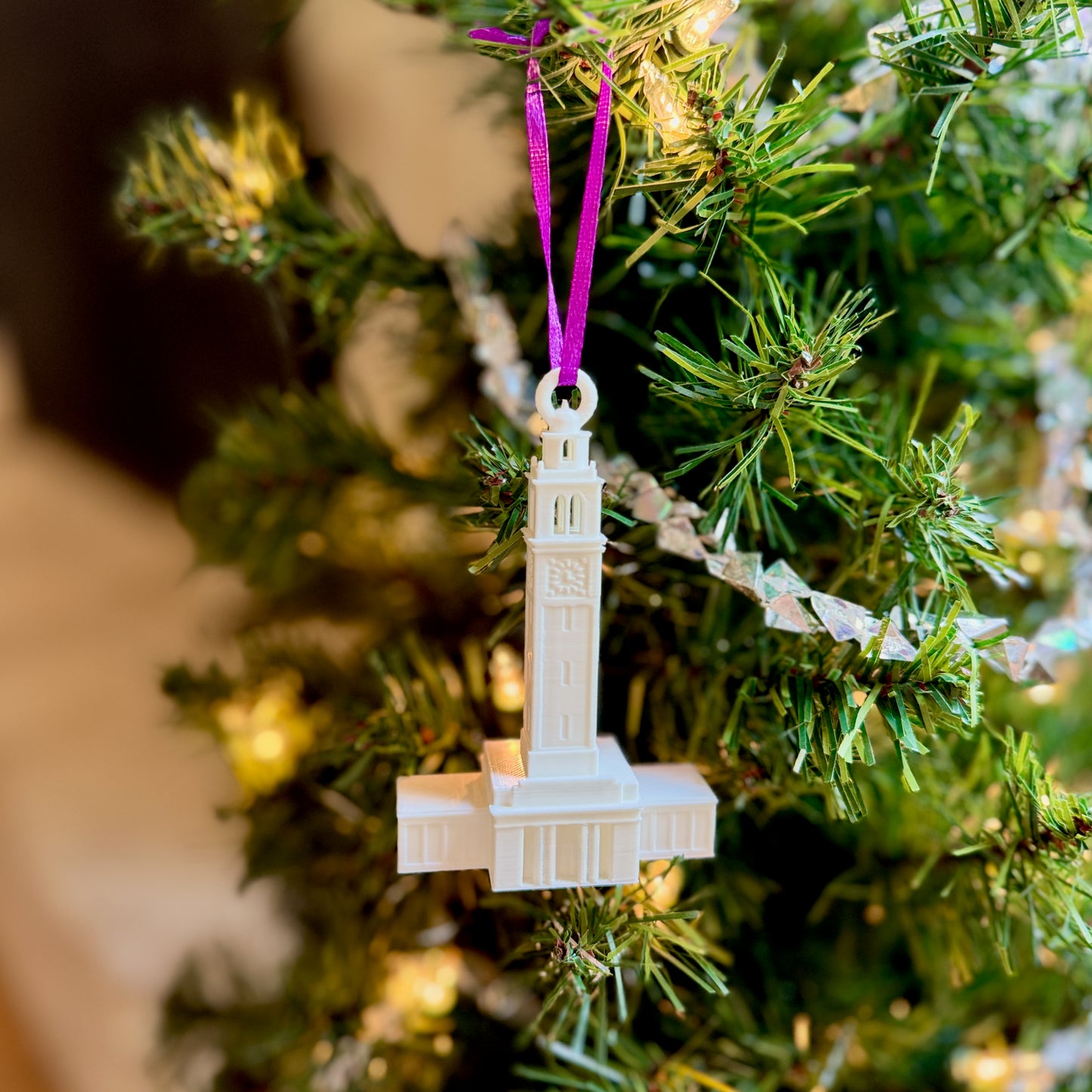 The LSU ornament depicting the Memorial Tower building on campus.