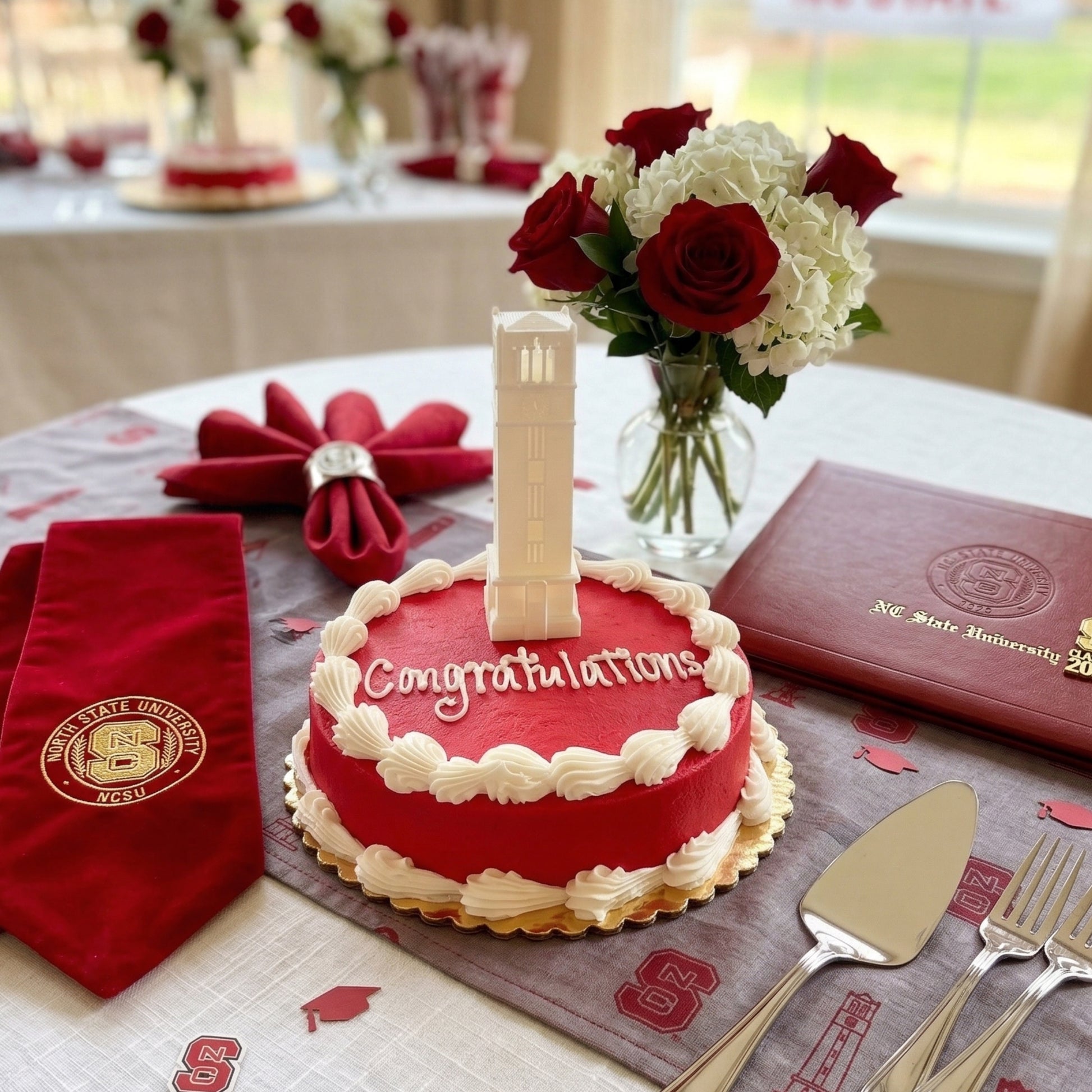 The NC State figurine representing the Bell Tower, shown in use as a party decoration and cake topper for a Wolfpack graduate.