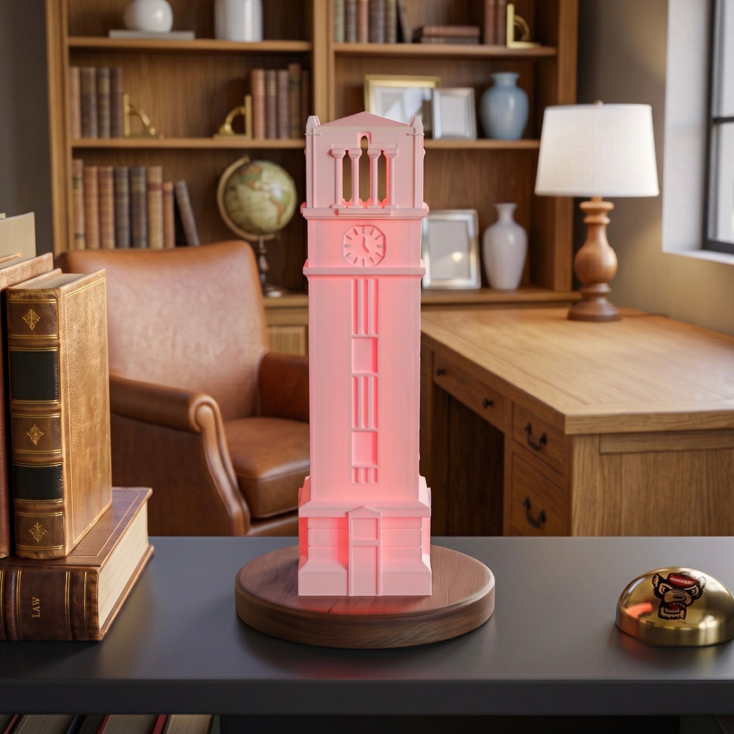 An NC State Bell Tower light in red, shown in use as decor on a shelf in an NC State alumni office.