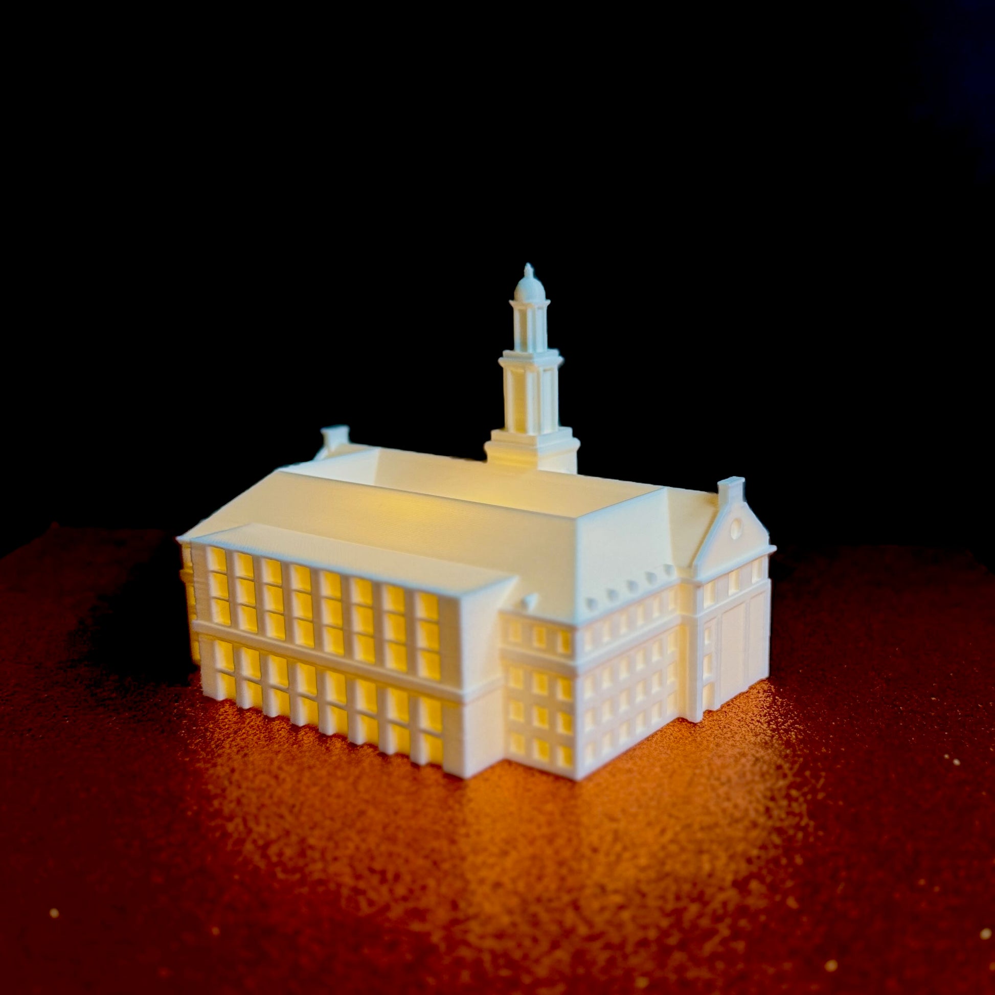Rear view of the miniature lighted replica of the Oklahoma State library displayed as office decor.