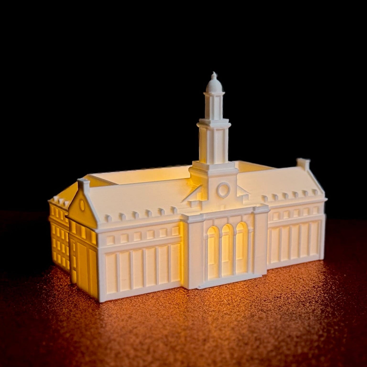 Close up of the lighted architectural pillars on a 3D printed replica of the Oklahoma State University library.