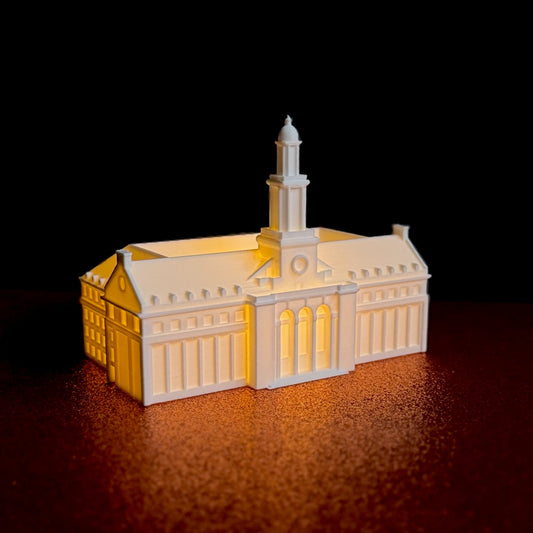 Close up of the lighted architectural pillars on a 3D printed replica of the Oklahoma State University library.
