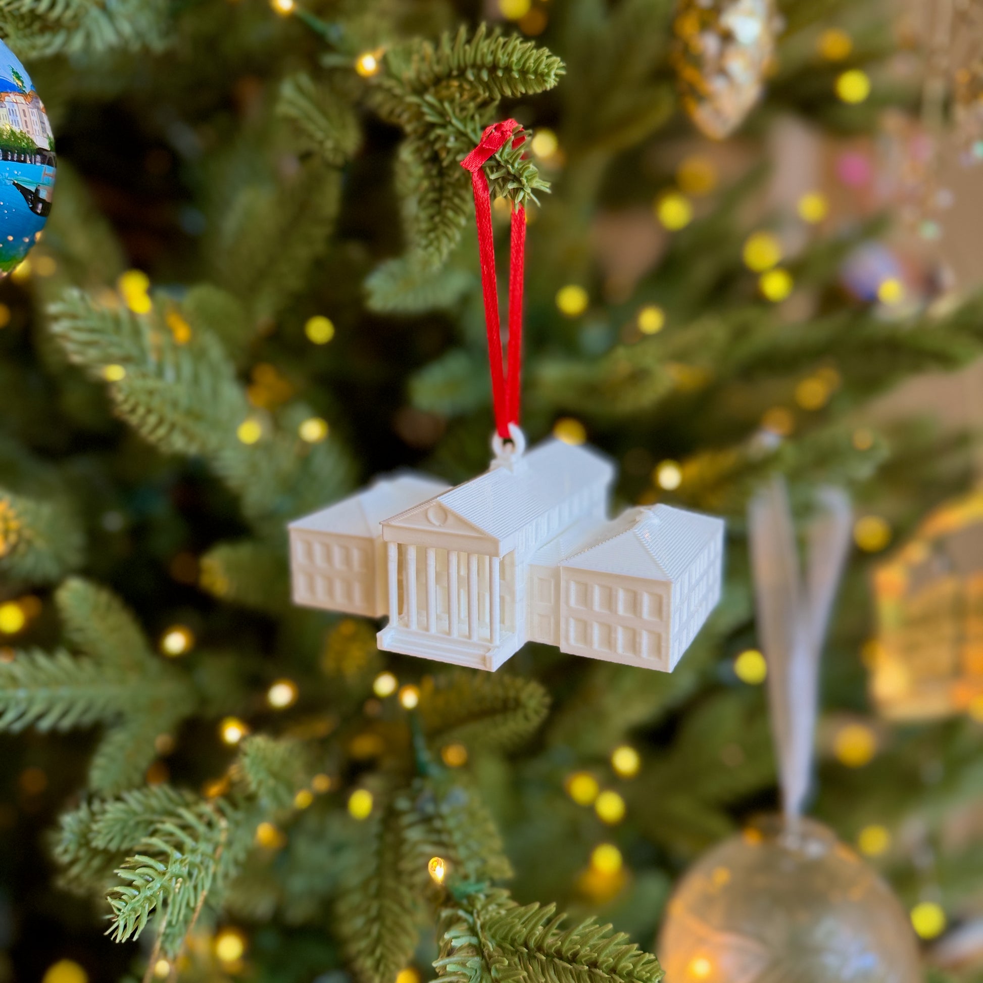 The Ole Miss ornament designed as a replica of the Lyceum building on campus.
