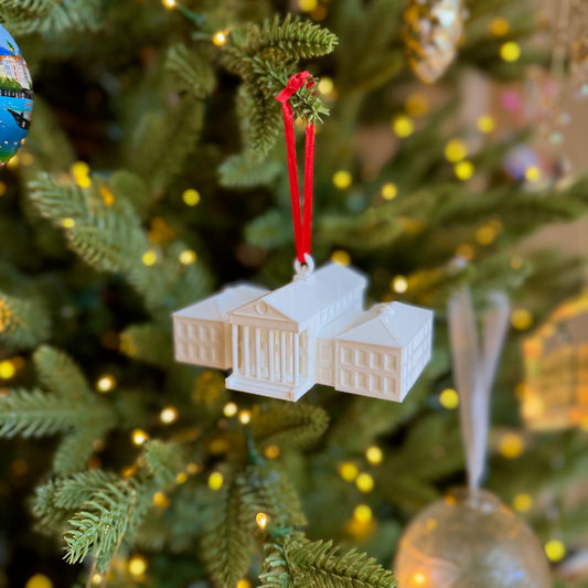 The Ole Miss ornament designed as a replica of the Lyceum building on campus.