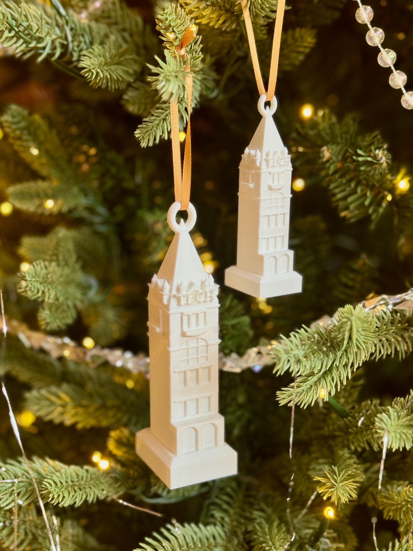 Ornaments for GT alumni designed as the Tech Tower building.