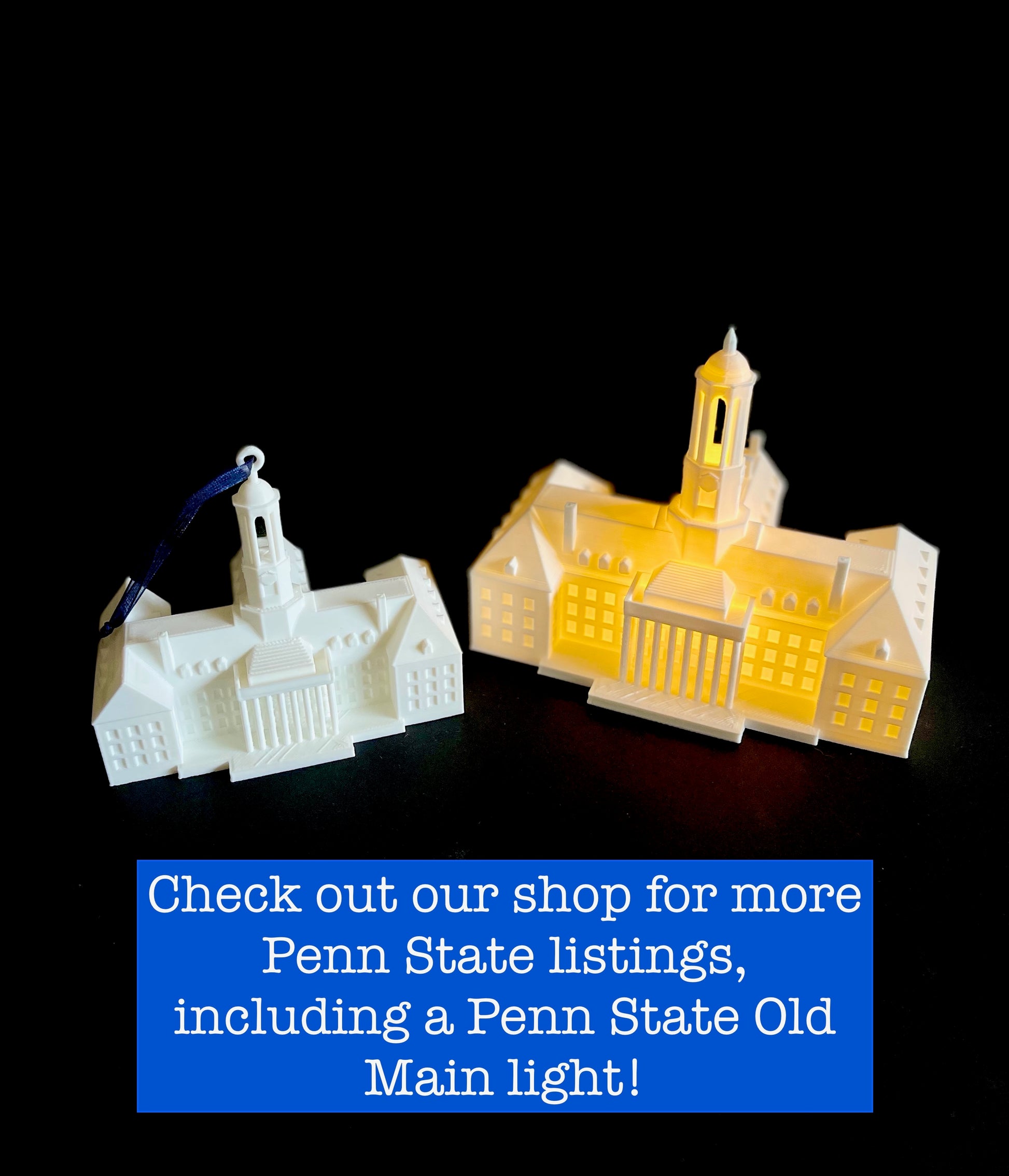 The Penn State gift ideas, ornaments designed to look like campus buildings and shown side by side.