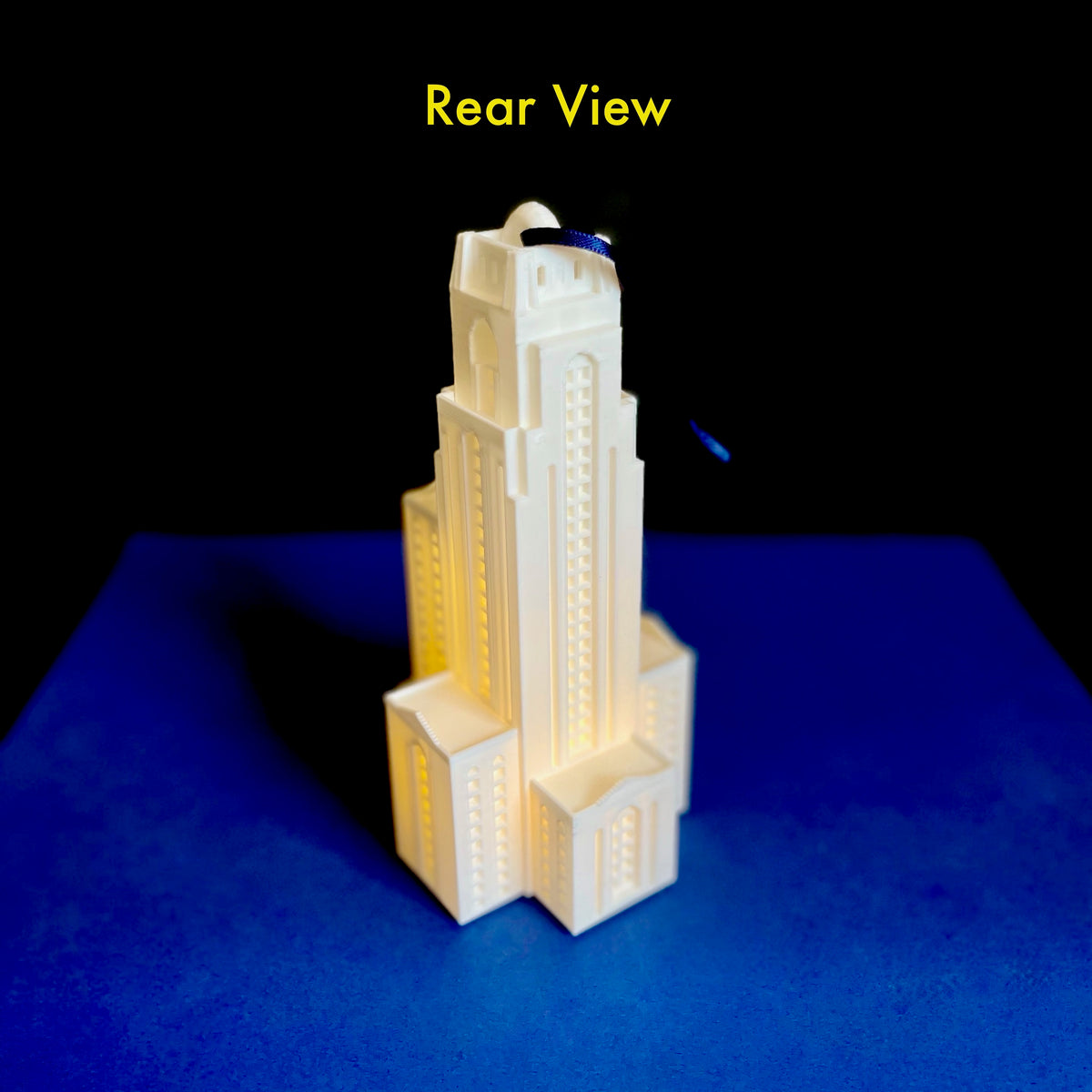 Rear view of the Pitt Panther ornament, designed as the Cathedral of Learning building.