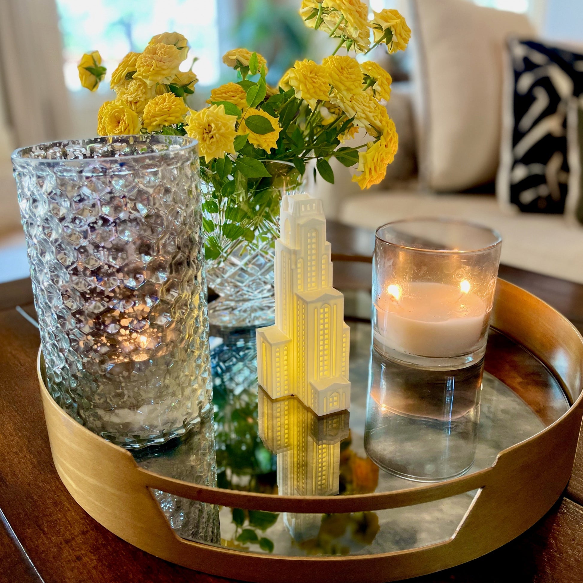 The University of Pittsburgh centerpiece, designed to look like the Cathedral of Learning and used as dorm decor.