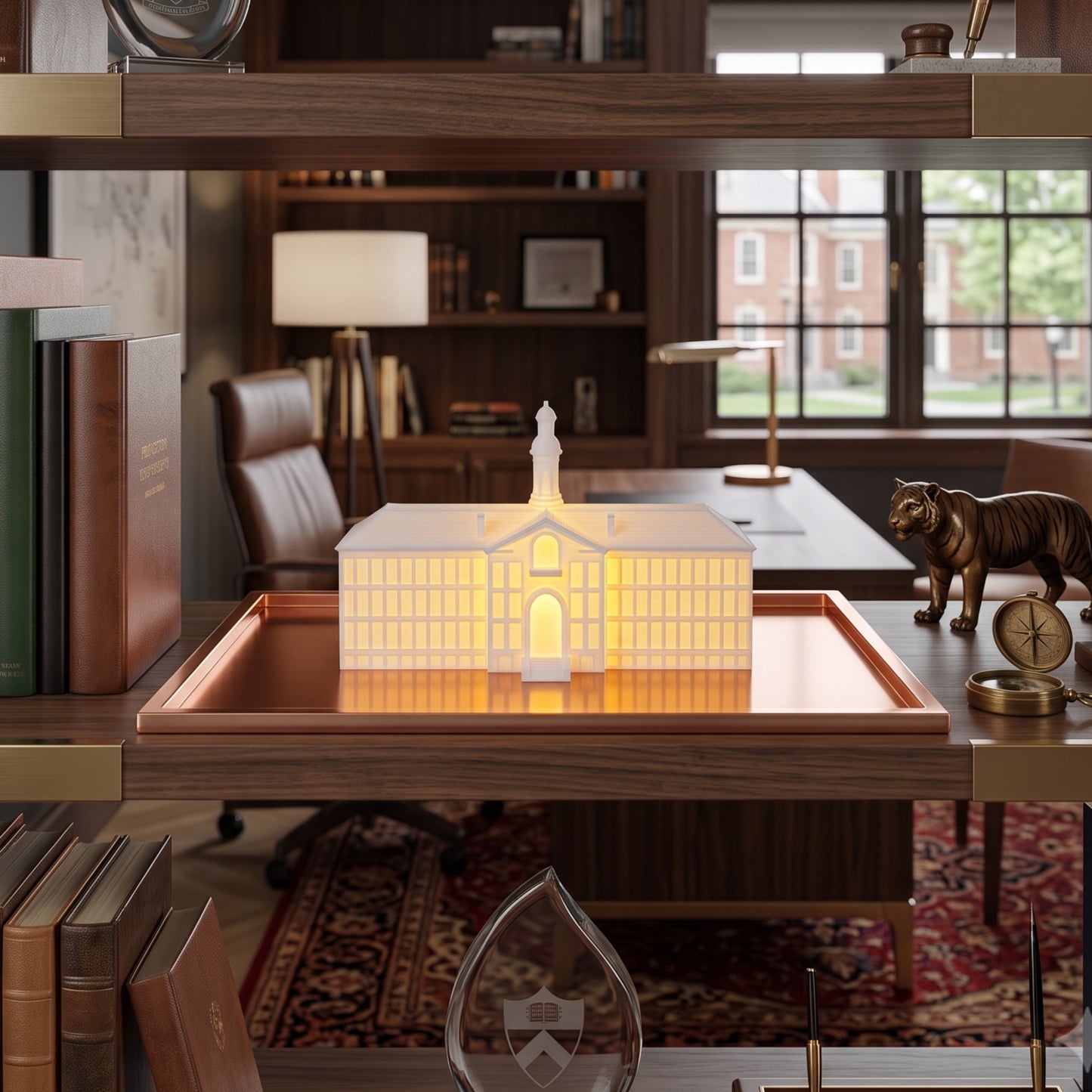 A glowing 3D-printed white model of Princeton University's Nassau Hall displayed on a wooden office bookshelf next to a bronze tiger statue.
