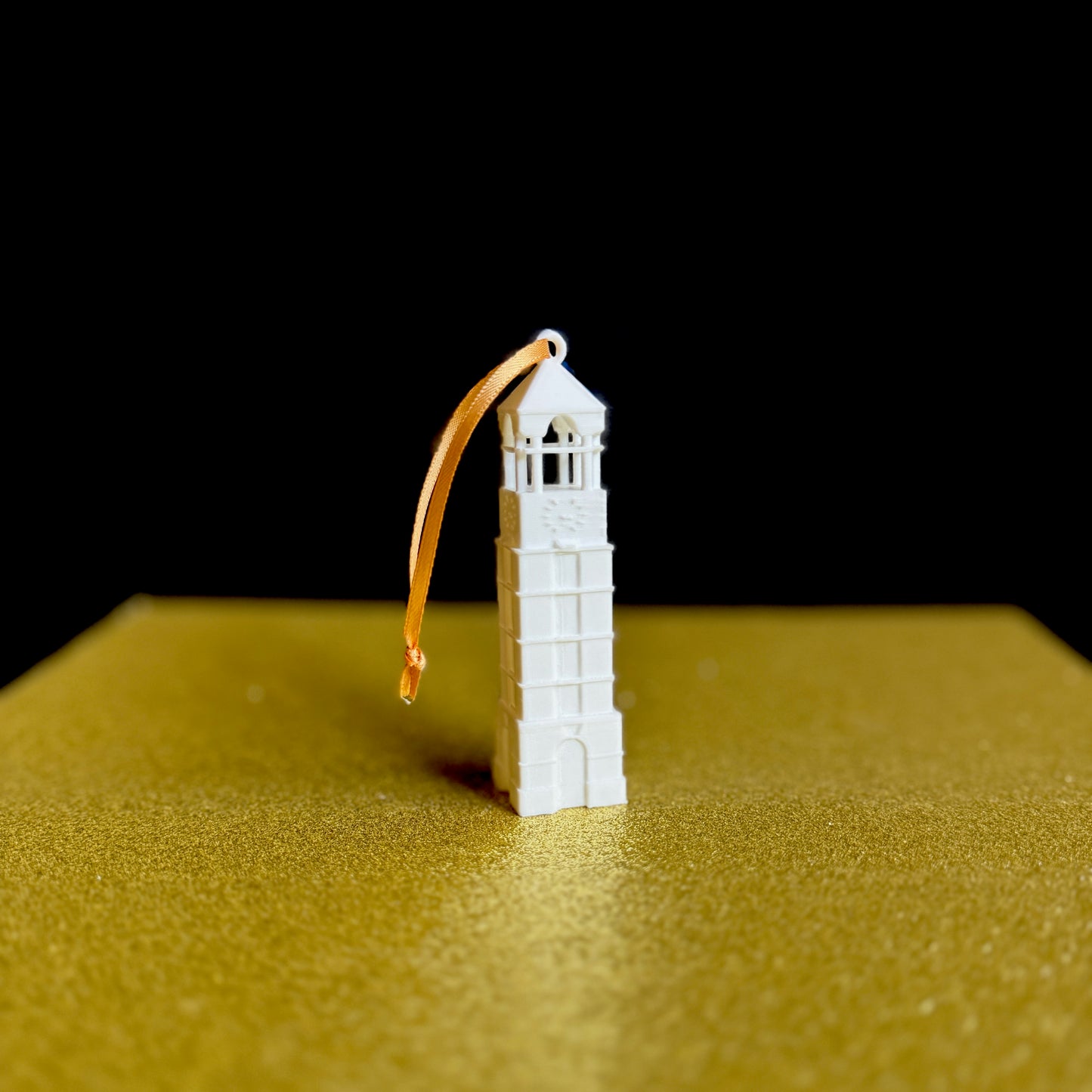 The Purdue University Christmas ornament, designed as a replica of the bell tower on campus.