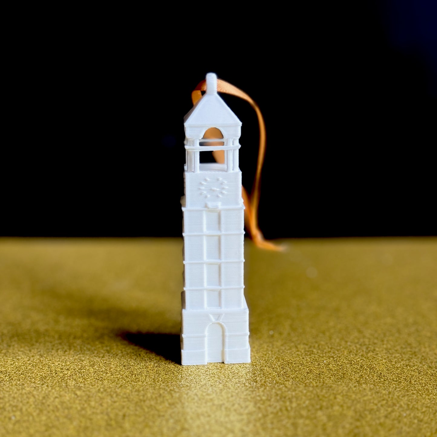 Front view of the Purdue tower ornament featuring the bell tower.