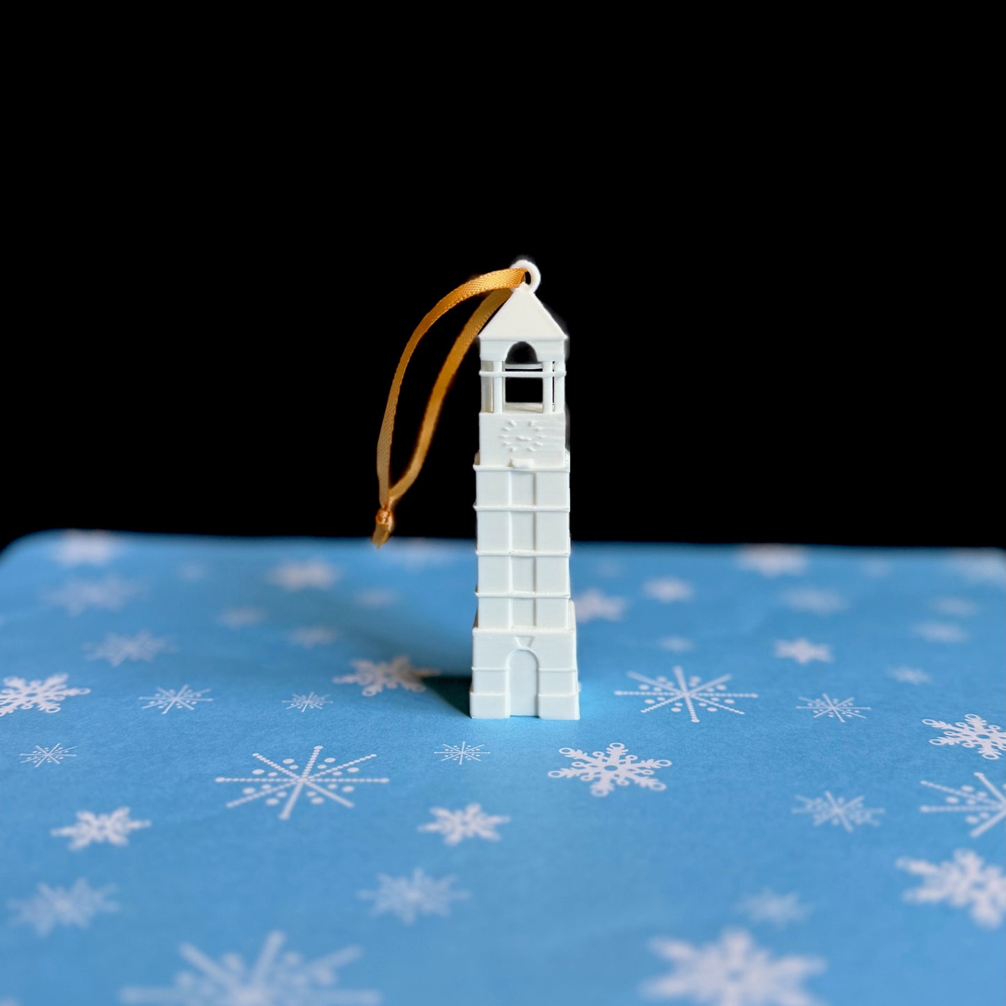 The Purdue Bell Tower ornament, shown in detail.