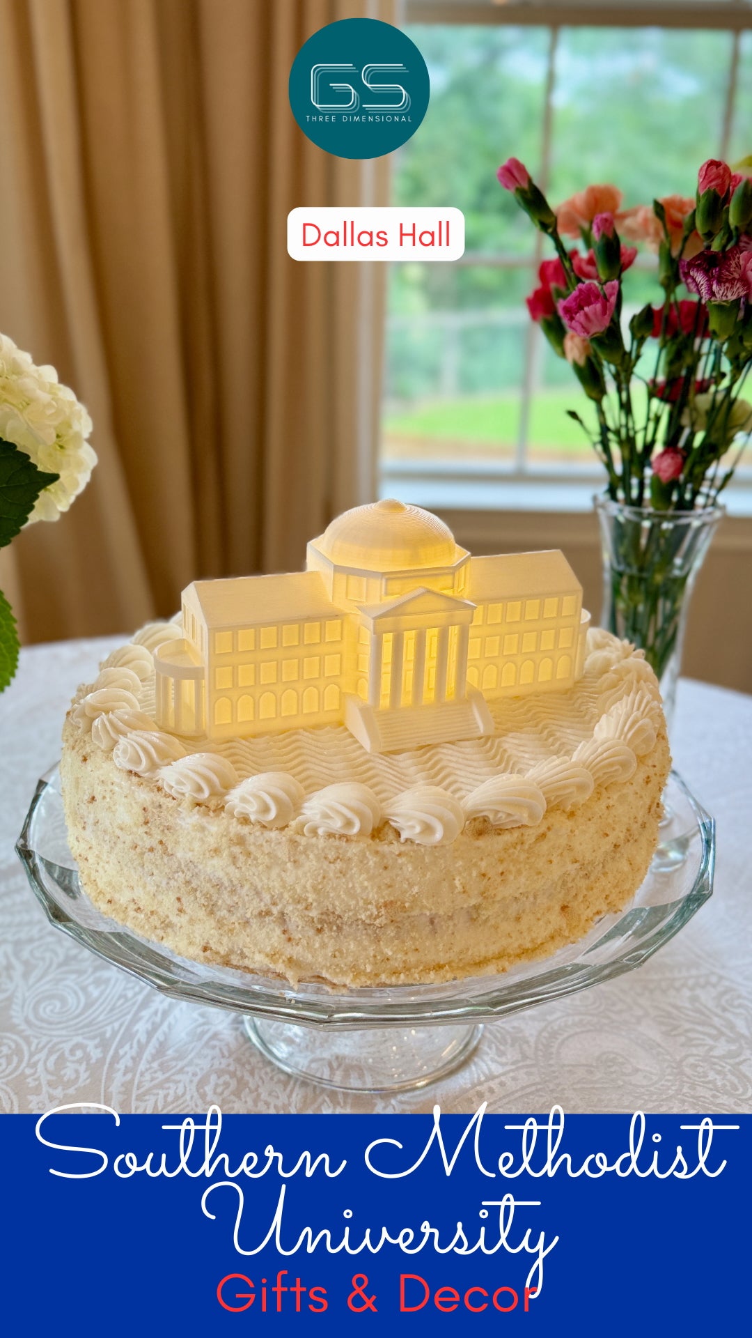 SMU Dallas Hall Cake Topper shown on a graduation party.