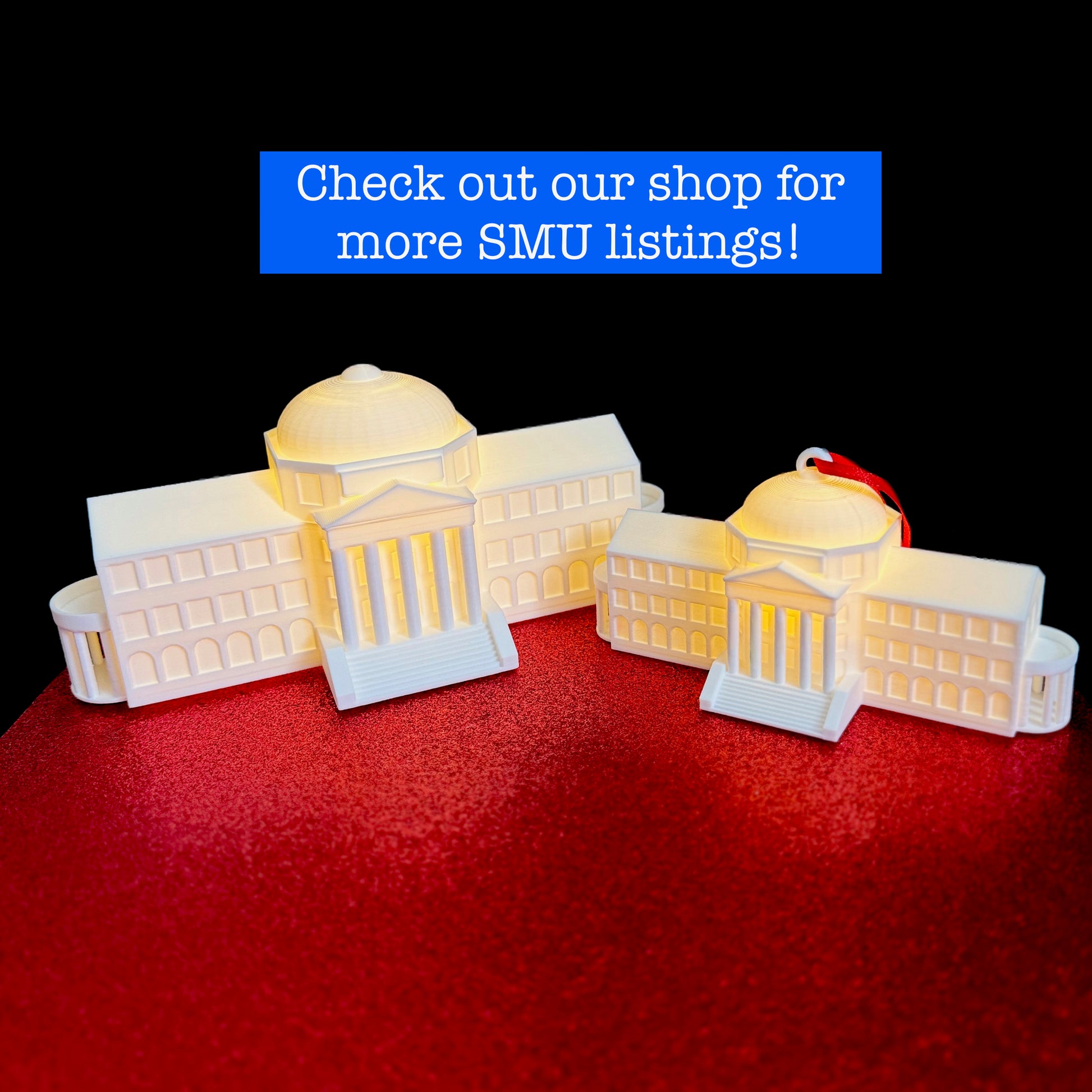 The SMU Dallas Hall LED lights, shown as a figurine and an ornament and used as an alumni gift.