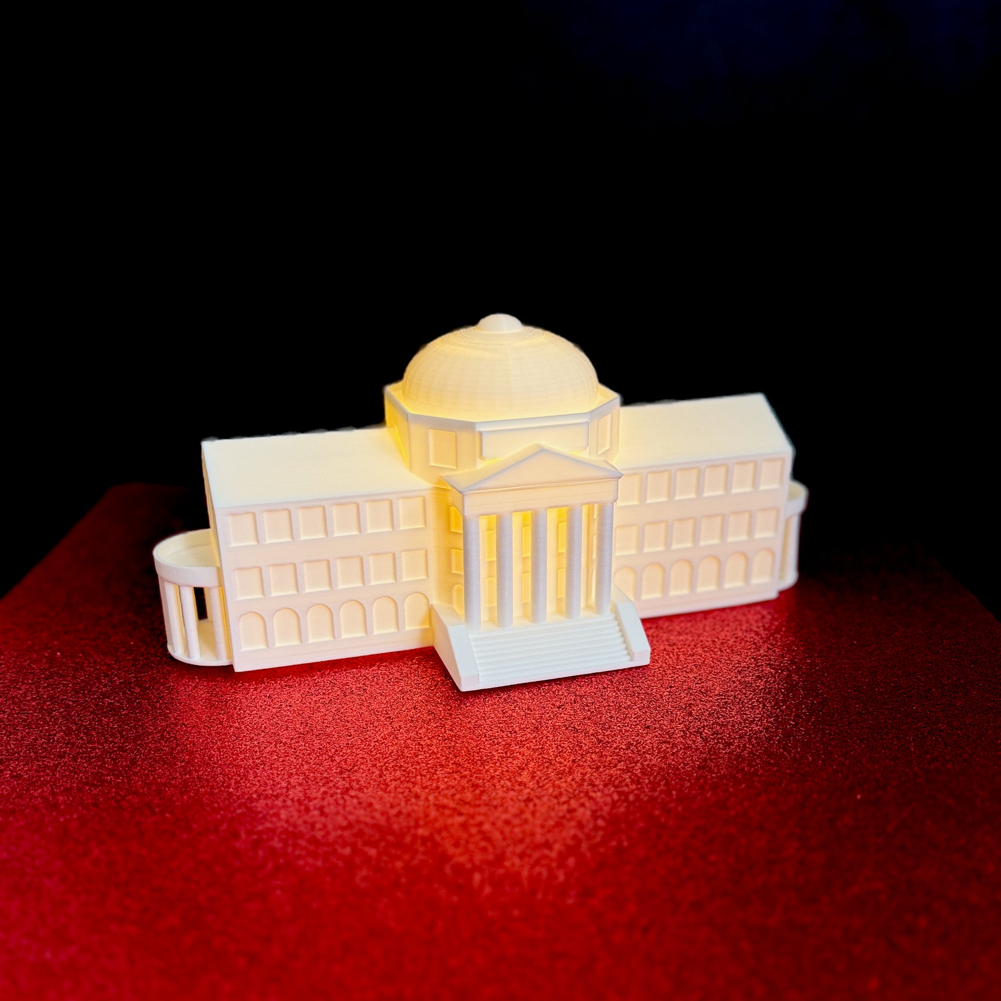 Lighted SMU Dallas Hall model, 3D printed university landmark figurine for alumni celebrations and college graduation parties.